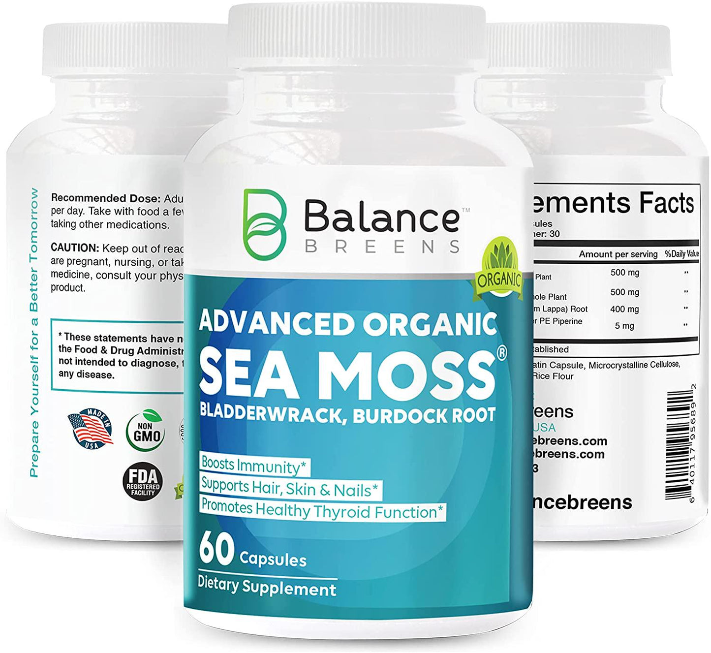 Balance Breens Certified Organic Irish Sea Moss Supplement with Bladderwrack, and Burdock Root - 60 Capsules - Pure Sea Moss Dietary Supplement for Immunity, Thyroid, Digestive and Joint Support