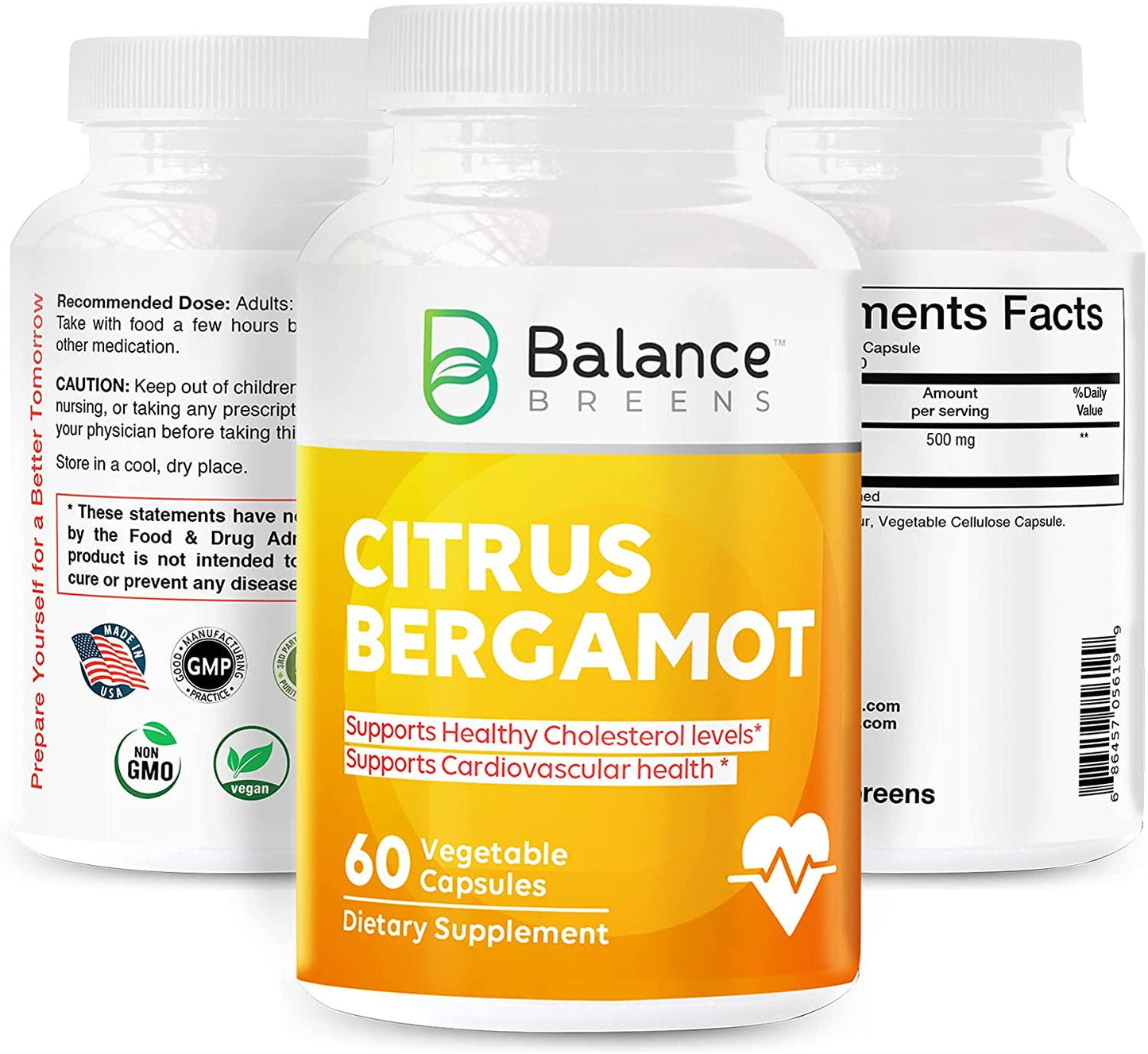Balance Breens Citrus Bergamot 500mg - Cardiovascular and Metabolic Health, Support Healthy Cholesterol Level, Blood Sugar Support - 60 Non-GMO Vegan Capsules