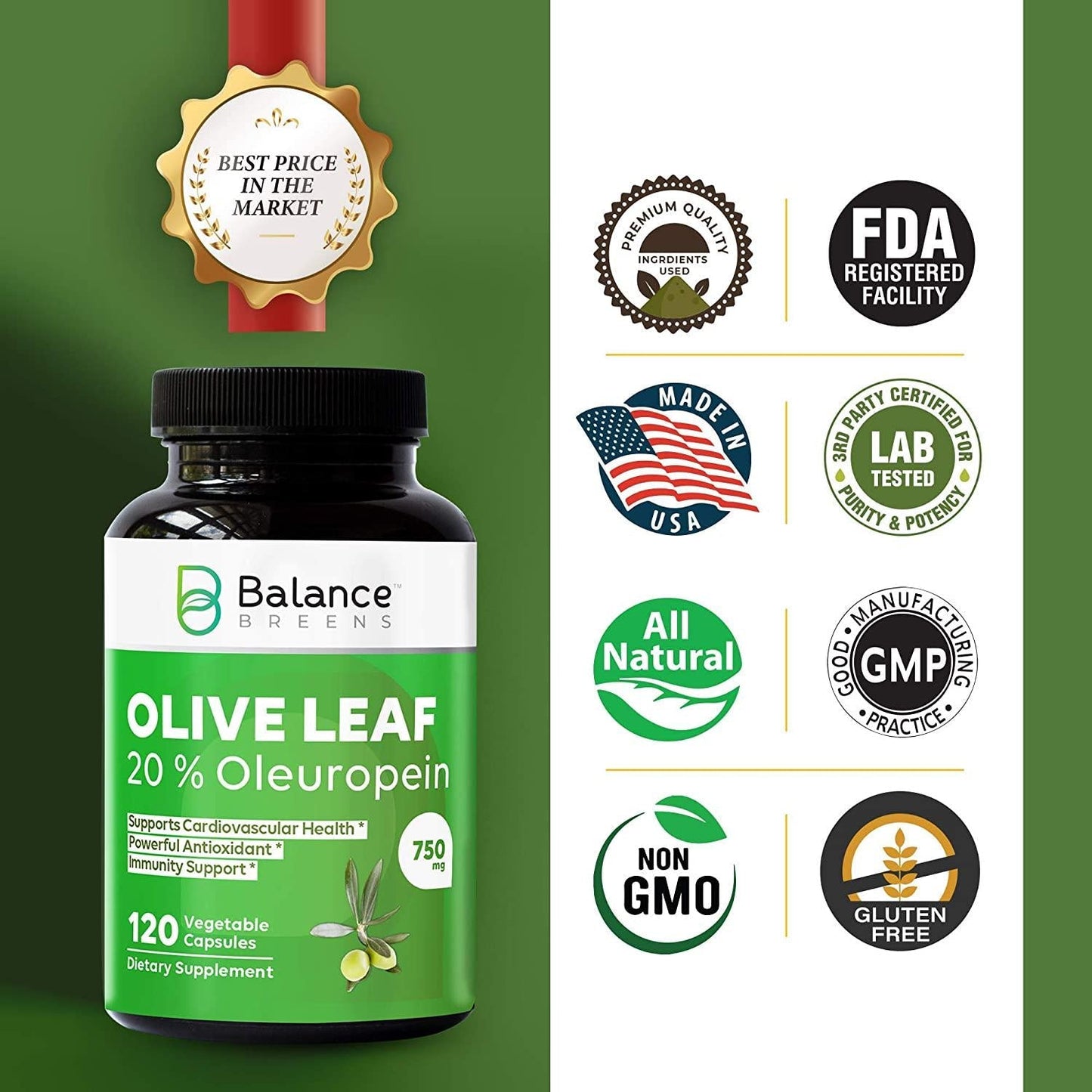 Balance Breens - High Strength Olive Leaf Extract 750mg - 20% Oleuropein - Supports Healthy Balance Lifestyle - Antioxidant - 120 Capsules (1)