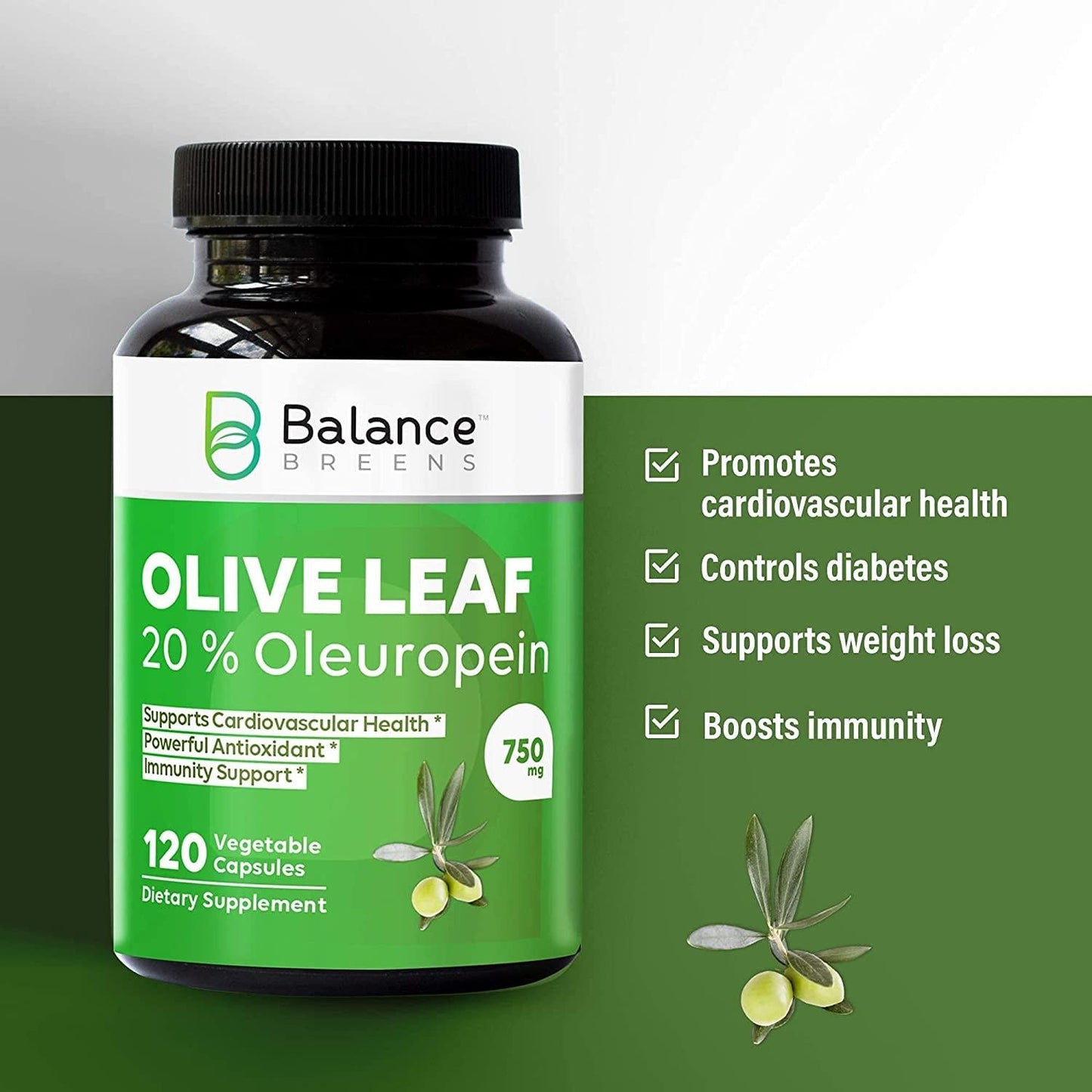 Balance Breens - High Strength Olive Leaf Extract 750mg - 20% Oleuropein - Supports Healthy Balance Lifestyle - Antioxidant - 120 Capsules (1)