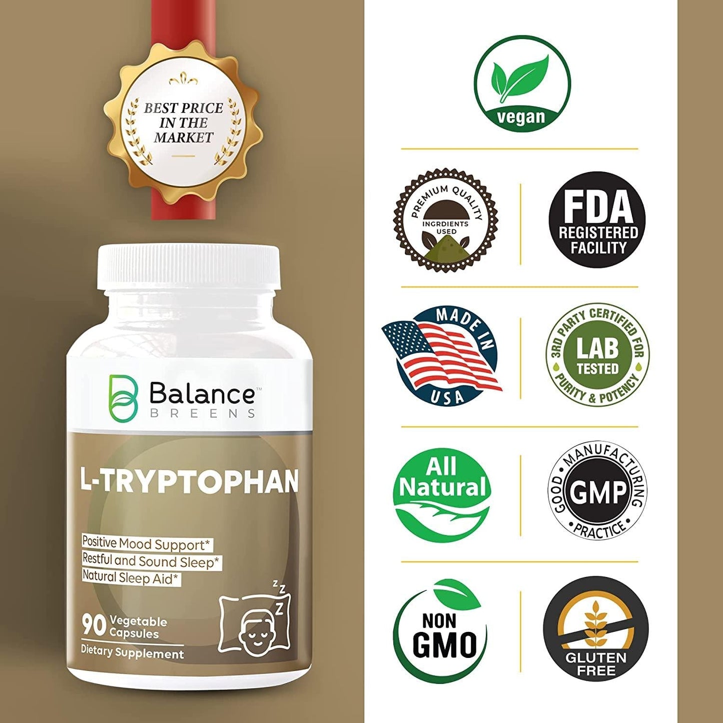 Balance Breens L-Tryptophan 90 Vegan Capsules - Natural Sleep Aid Supplements with 500 mg of Free Form L Tryptophan - Non-GMO Dietary Supplement for Restful Sleep, Stress Support and Relaxation