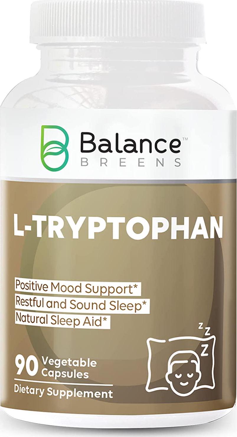 Balance Breens L-Tryptophan 90 Vegan Capsules - Natural Sleep Aid Supplements with 500 mg of Free Form L Tryptophan - Non-GMO Dietary Supplement for Restful Sleep, Stress Support and Relaxation