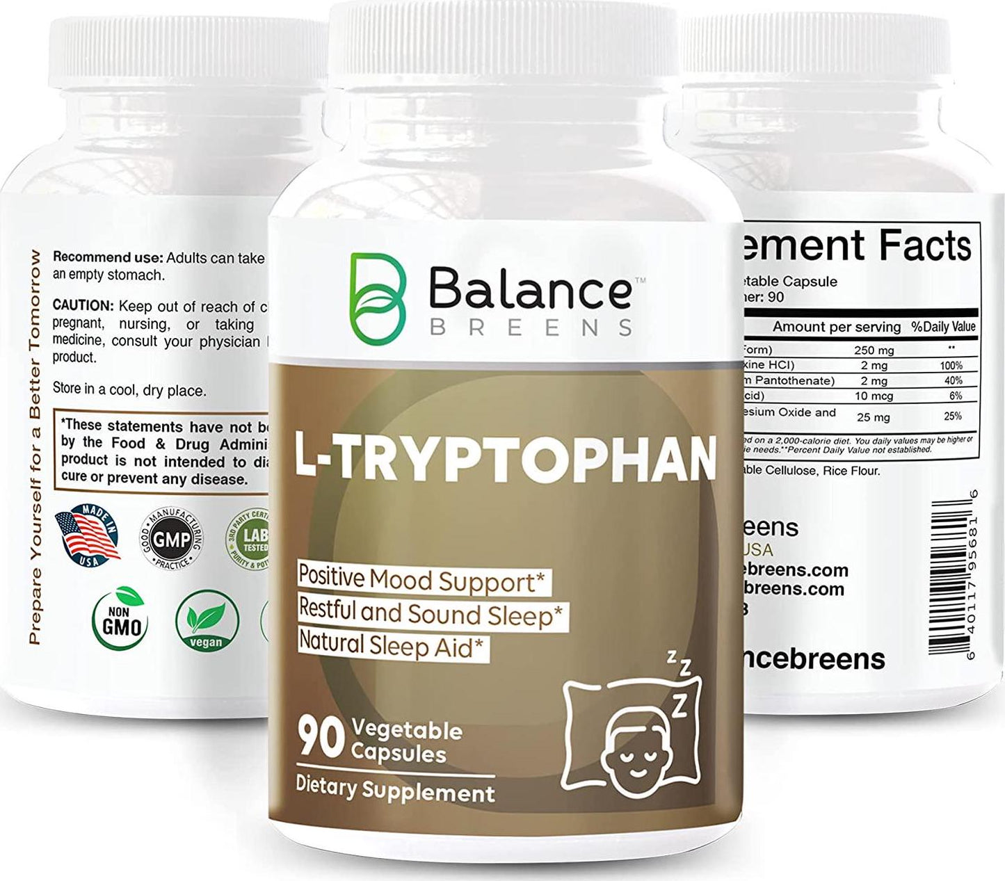 Balance Breens L-Tryptophan 90 Vegan Capsules - Natural Sleep Aid Supplements with 500 mg of Free Form L Tryptophan - Non-GMO Dietary Supplement for Restful Sleep, Stress Support and Relaxation