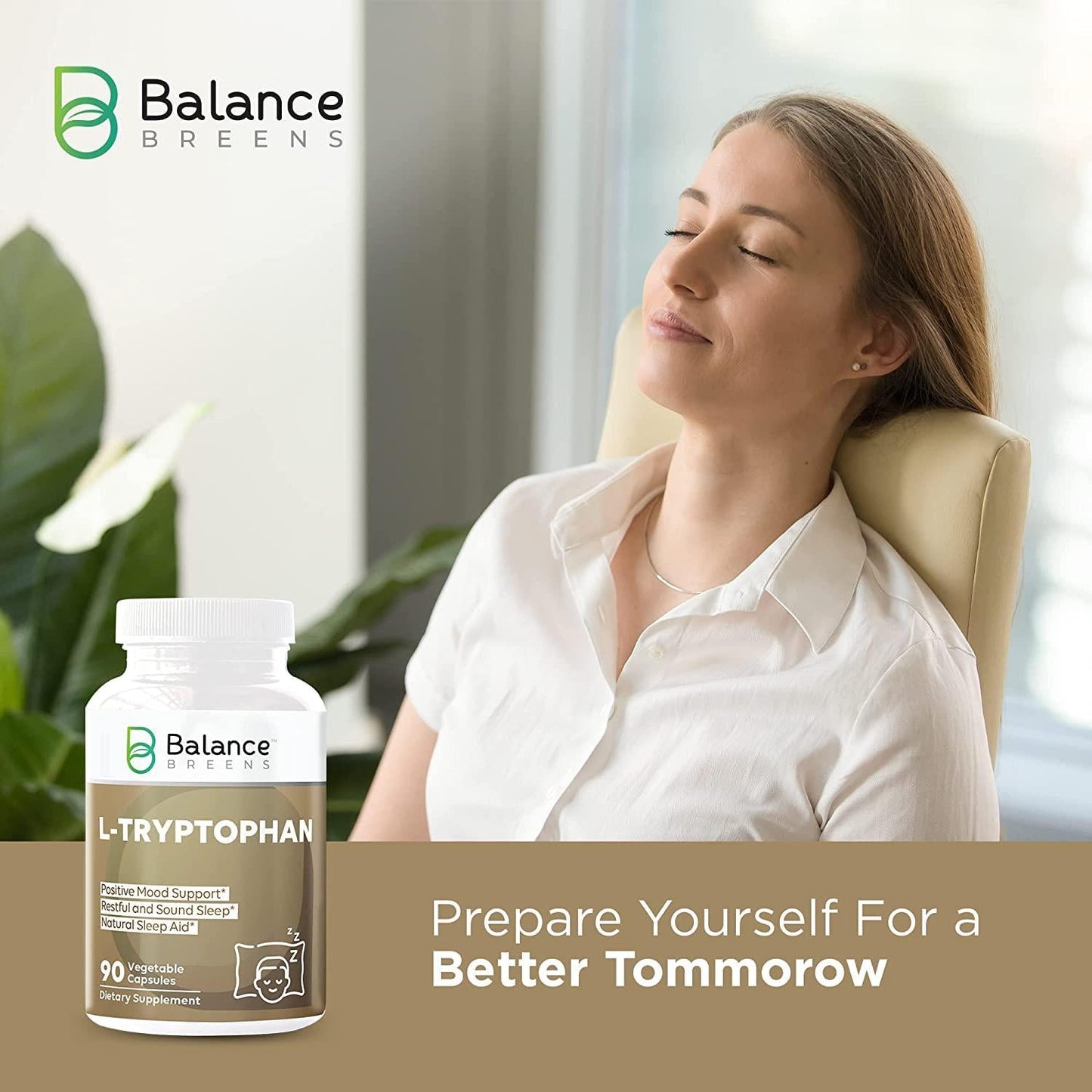 Balance Breens L-Tryptophan 90 Vegan Capsules - Natural Sleep Aid Supplements with 500 mg of Free Form L Tryptophan - Non-GMO Dietary Supplement for Restful Sleep, Stress Support and Relaxation