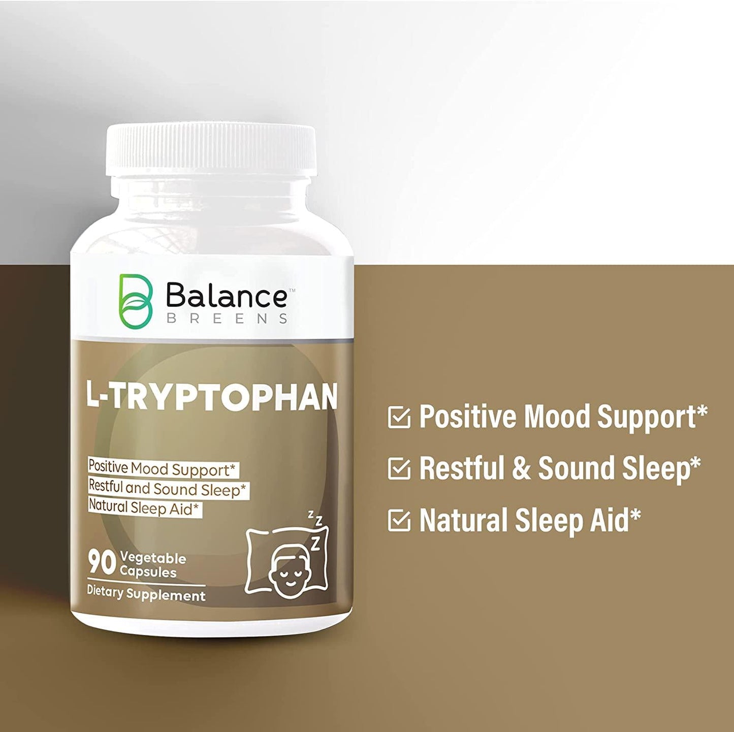 Balance Breens L-Tryptophan 90 Vegan Capsules - Natural Sleep Aid Supplements with 500 mg of Free Form L Tryptophan - Non-GMO Dietary Supplement for Restful Sleep, Stress Support and Relaxation