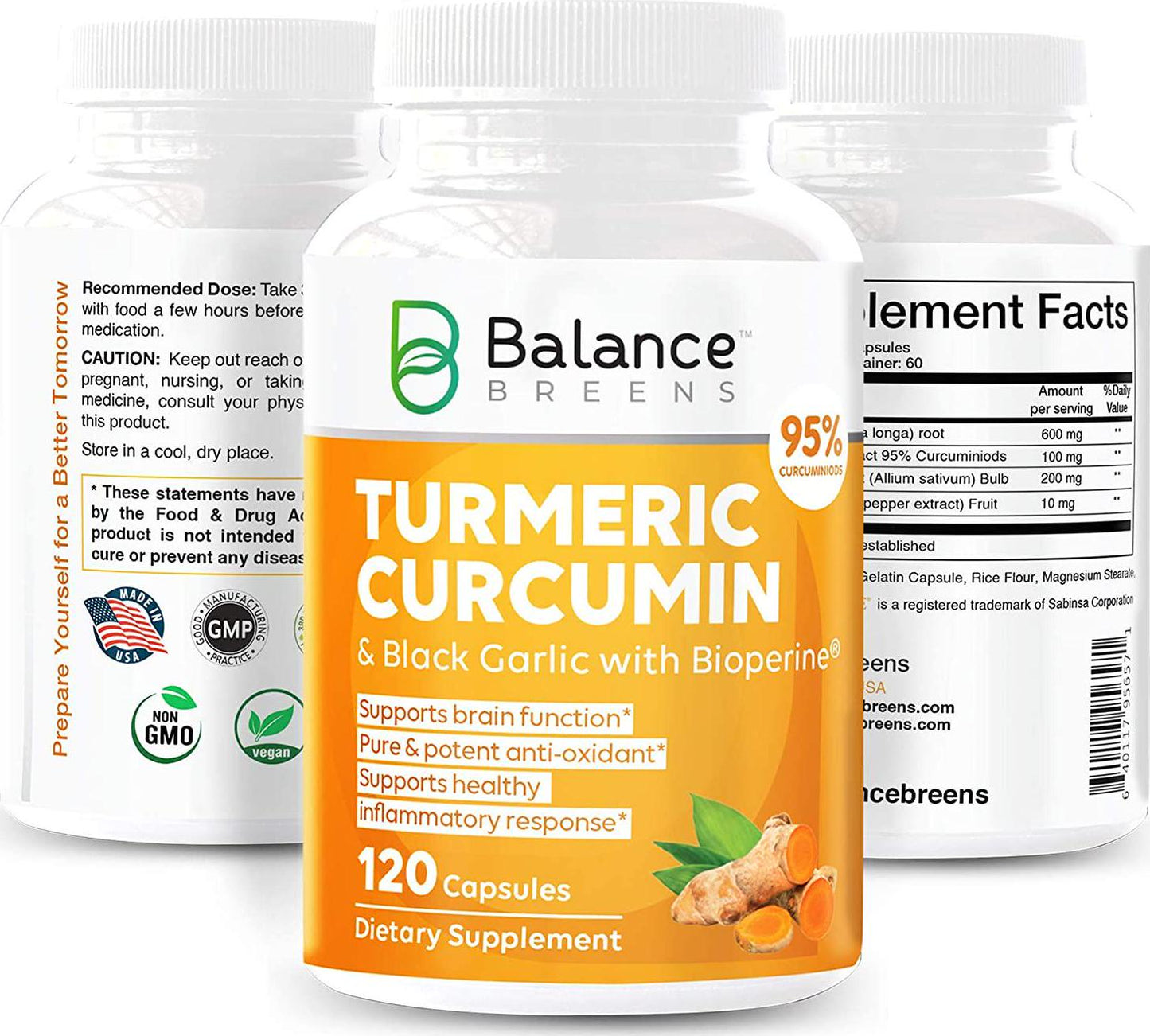 Balance Breens Turmeric Curcumin 95% Curcuminoids and Garlic with Bioperine Black Pepper- Supports Brain Function, Anxiety and Stress Relief , Natural Immune Boost - 120 Count