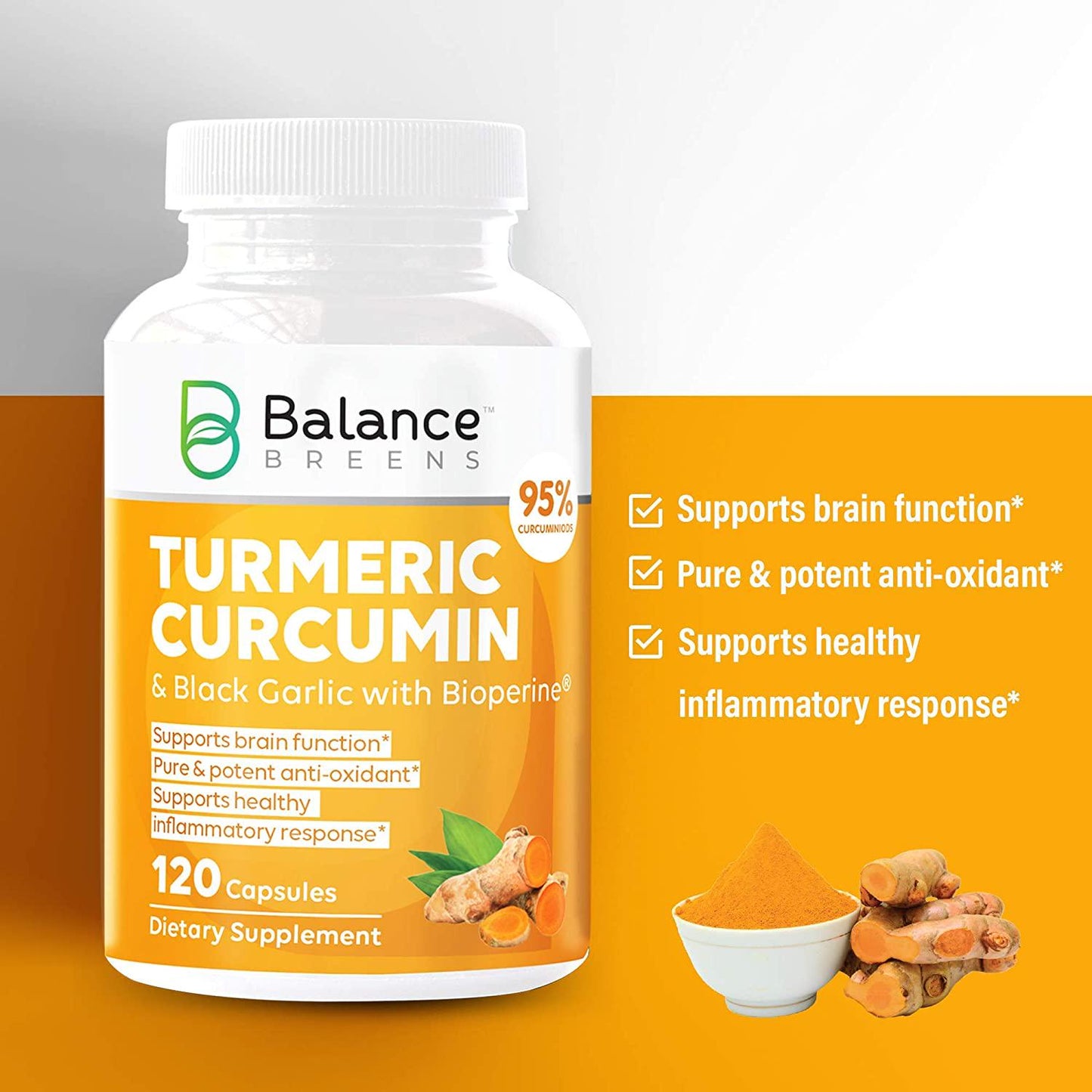 Balance Breens Turmeric Curcumin 95% Curcuminoids and Garlic with Bioperine Black Pepper- Supports Brain Function, Anxiety and Stress Relief , Natural Immune Boost - 120 Count