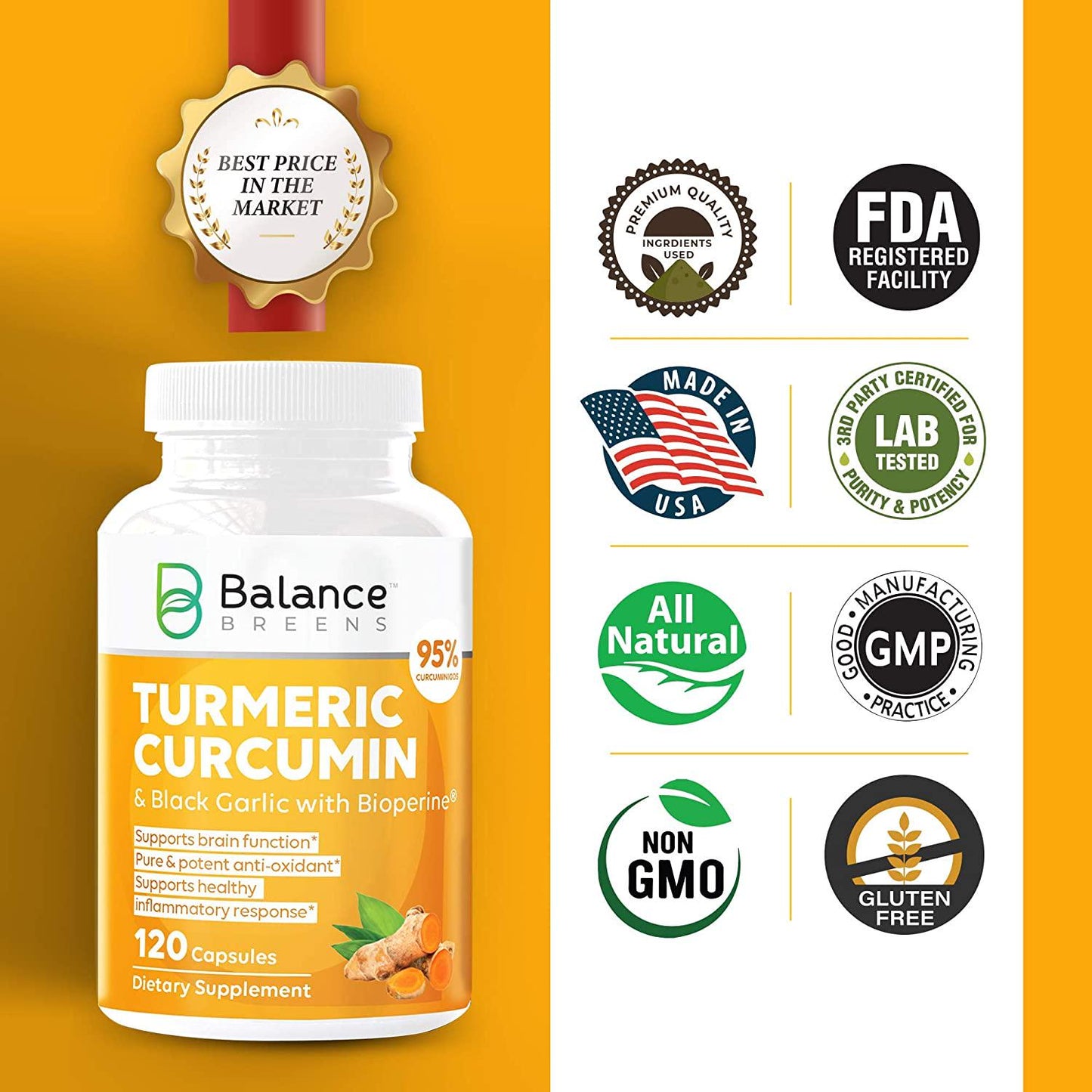 Balance Breens Turmeric Curcumin 95% Curcuminoids and Garlic with Bioperine Black Pepper- Supports Brain Function, Anxiety and Stress Relief , Natural Immune Boost - 120 Count