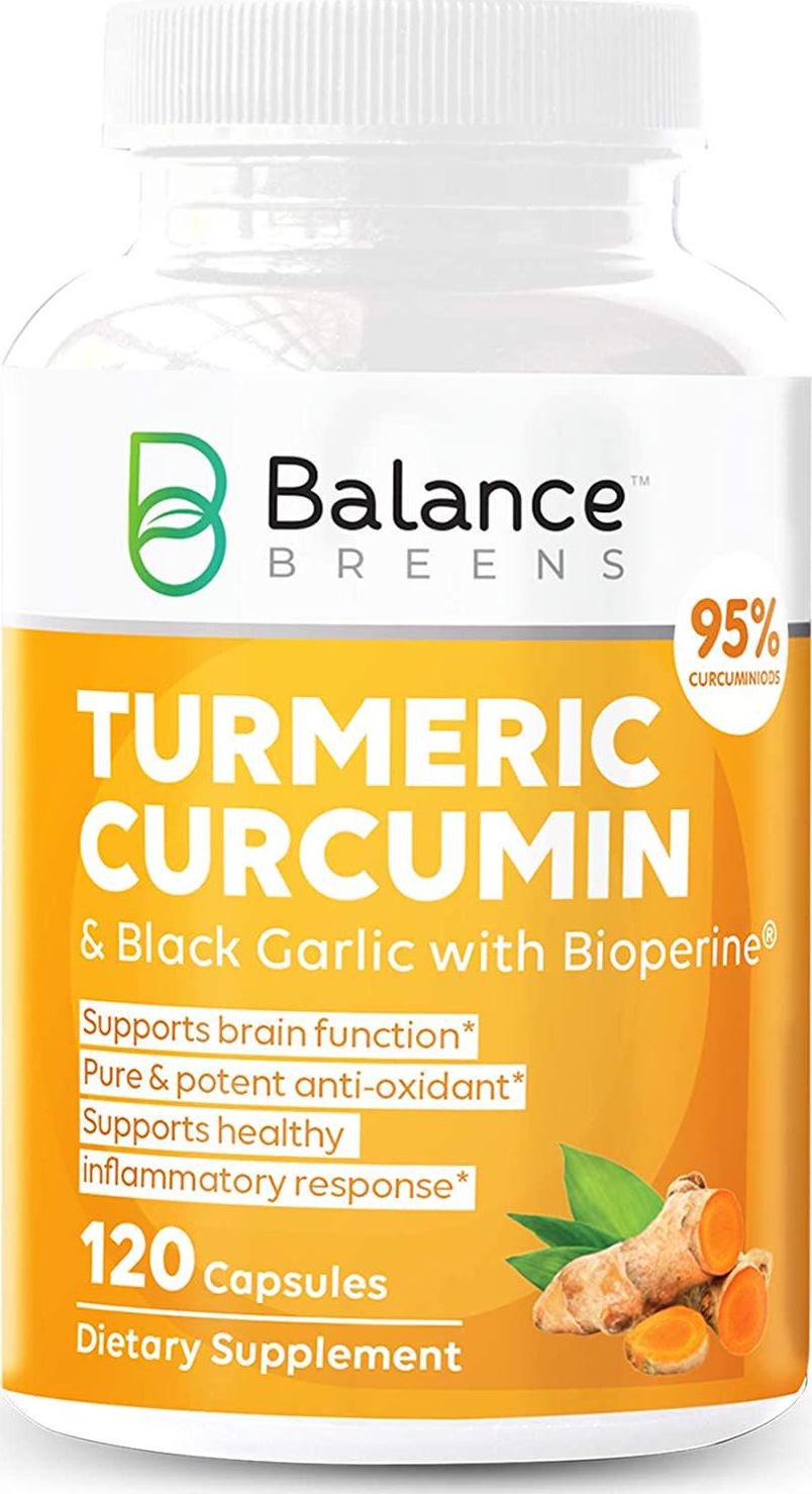Balance Breens Turmeric Curcumin 95% Curcuminoids and Garlic with Bioperine Black Pepper- Supports Brain Function, Anxiety and Stress Relief , Natural Immune Boost - 120 Count