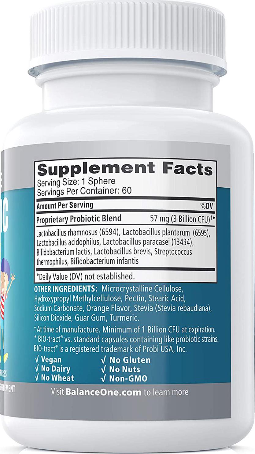 Balance ONE Kids Probiotic - for Children’s Gut Health and Immune Support - Time-Release, Shelf Stable, Sugar Free - Tiny, Easy-to-Swallow Pearls - 60 Day Supply