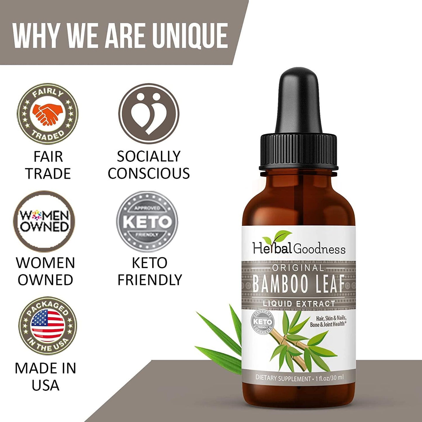 Bamboo Leaf Liquid Extract - Organic Non GMO Hair, Nail and Skin - Supplement-1 oz Bottle- Made in USA