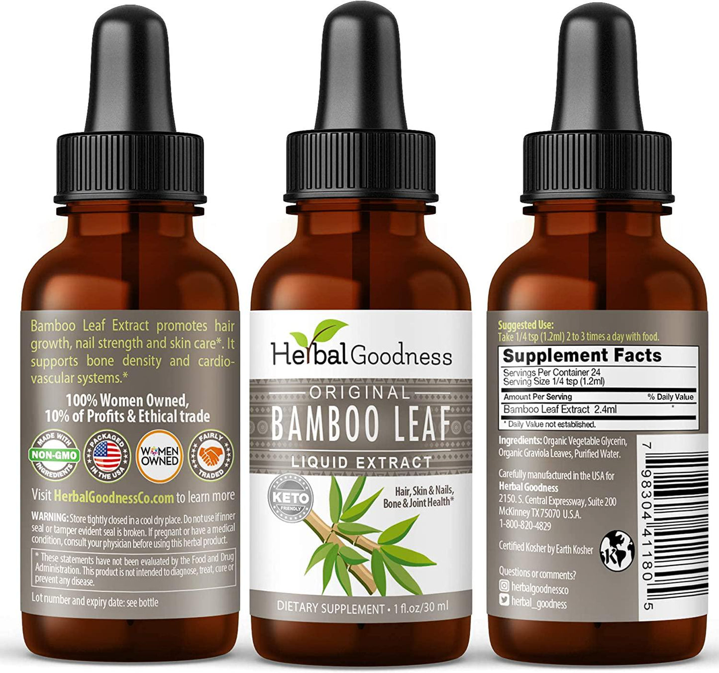 Bamboo Leaf Liquid Extract - Organic Non GMO Hair, Nail and Skin - Supplement-1 oz Bottle- Made in USA