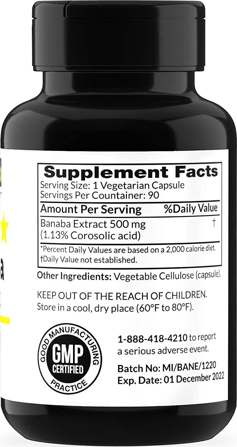 Banaba Extract 500 mg per Capsule - 90 Vegetarian Capsules - 2% Corosolic Acid