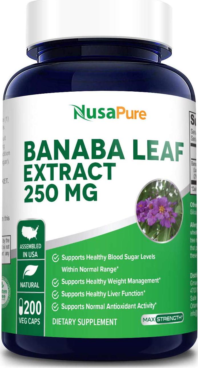 Banaba Leaf Extract 250mg 200 Vegetarian Caps (Non-GMO and Gluten Free) 2% Corosolic Acid - Supports Healthy Blood Sugar Levels, Digestion, and Metabolism