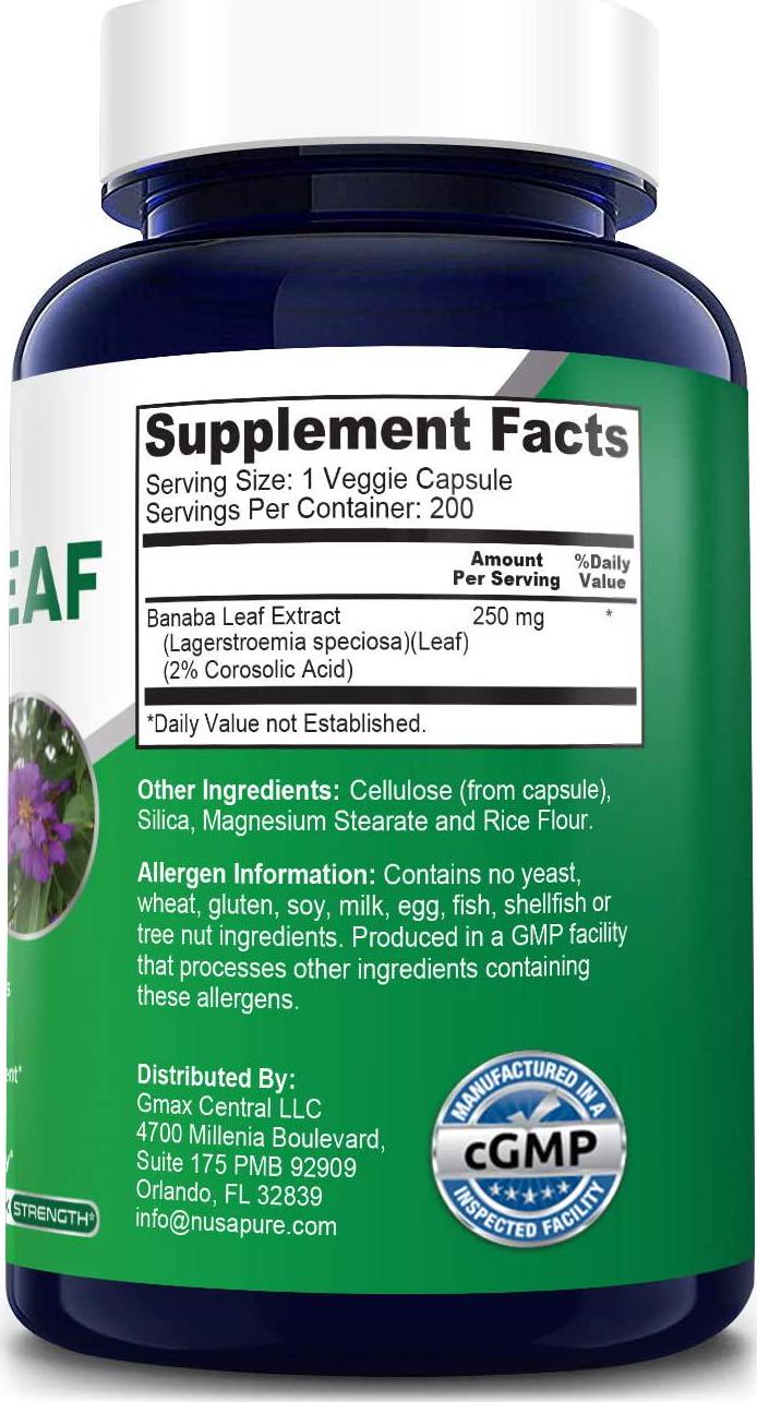 Banaba Leaf Extract 250mg 200 Vegetarian Caps (Non-GMO and Gluten Free) 2% Corosolic Acid - Supports Healthy Blood Sugar Levels, Digestion, and Metabolism