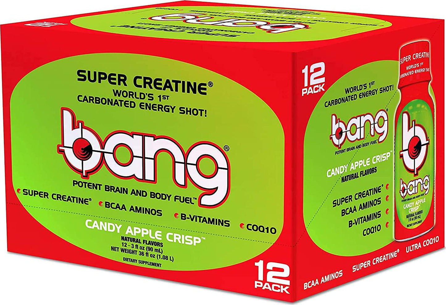 Bang Energy Shots, Candy Apple Crisp, World's 1st Carbonated Energy Shot with Super Creatine, 3 Fl Oz, (Pack of 24)