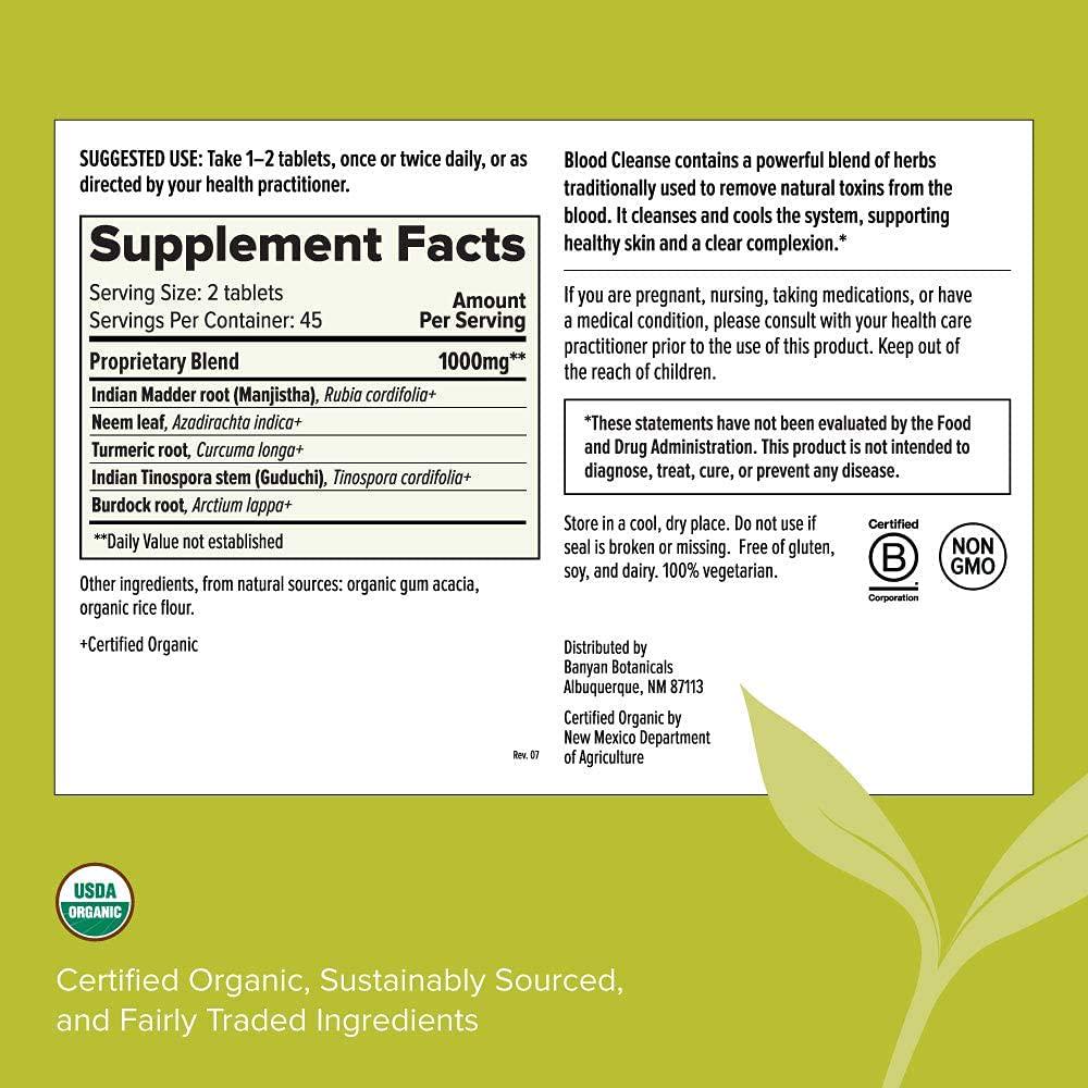 Banyan Botanicals Blood Cleanse - USDA Organic - 90 Tablets - Detoxifies and Purifies The Blood*