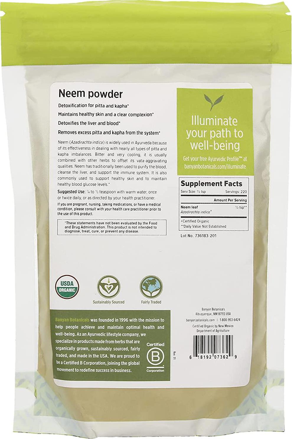 Banyan Botanicals Neem Powder - USDA Organic - 1/2 Pound, Azadirachta Indica - Ayurvedic Herb for Skin and Blood*