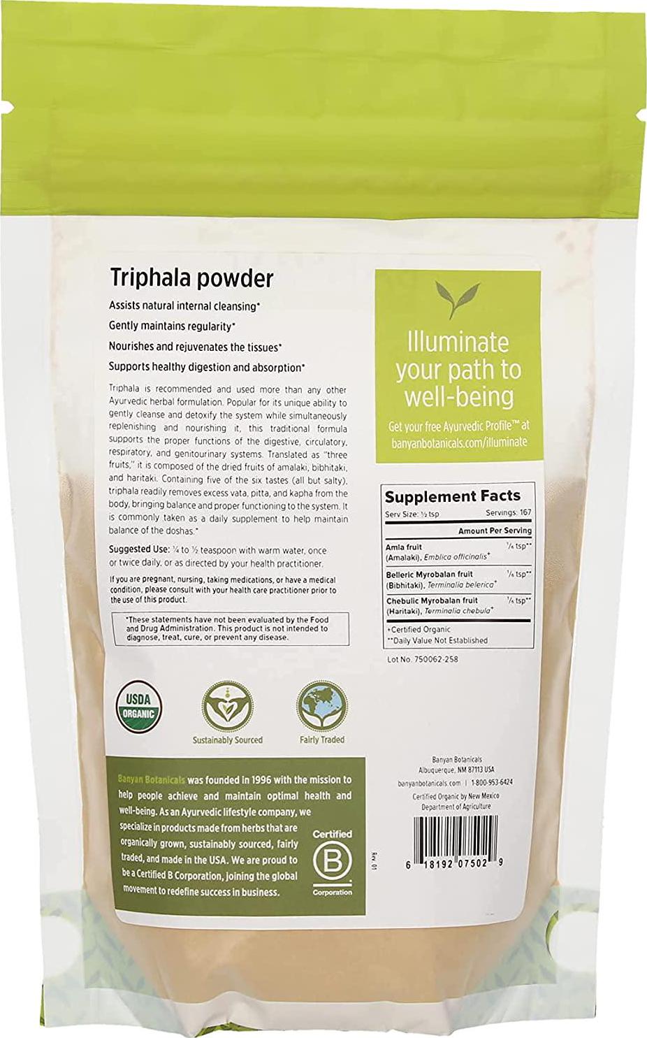 Banyan Botanicals Triphala Powder – Organic Formula of Amla, Haritaki and Bibhitaki – for Daily Detoxifying, Cleansing and Rejuvenation* – Maintains Regularity* – ½lb. – Non-GMO Sustainably Sourced