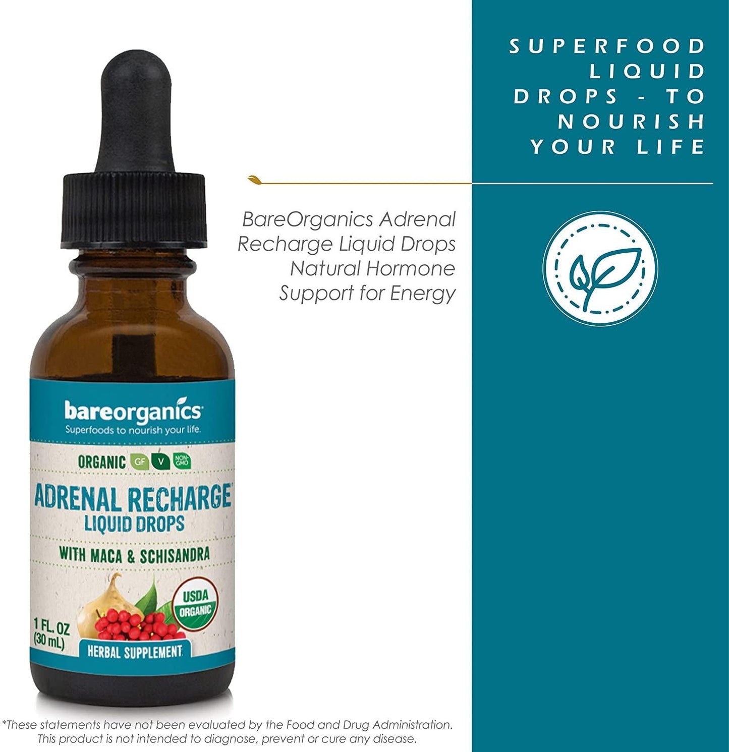 BareOrganics Adrenal Recharge Liquid Drops, 1 Ounce (Organic)