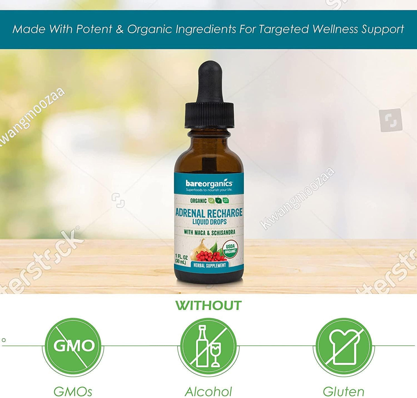 BareOrganics Adrenal Recharge Liquid Drops, 1 Ounce (Organic)