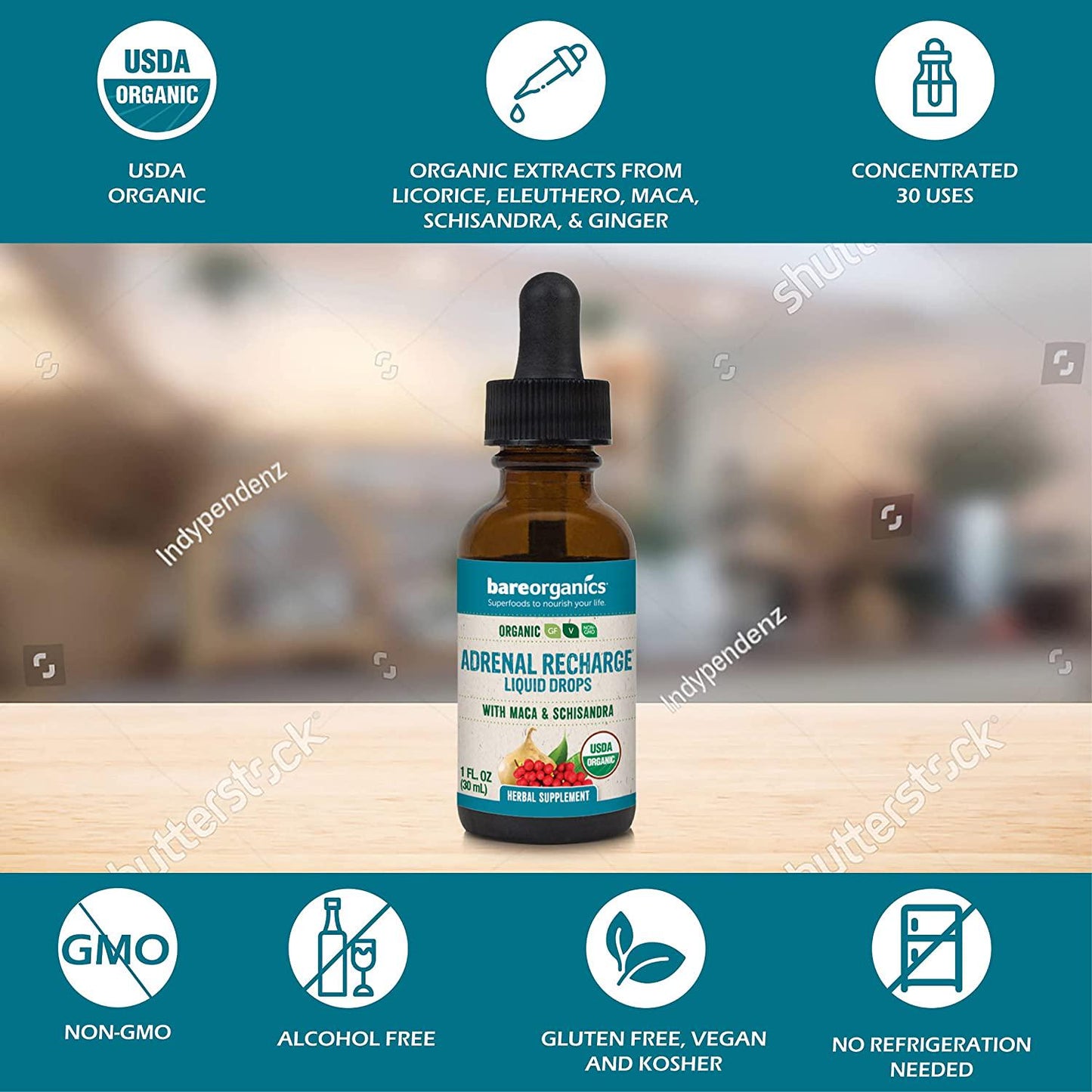 BareOrganics Adrenal Recharge Liquid Drops, 1 Ounce (Organic)