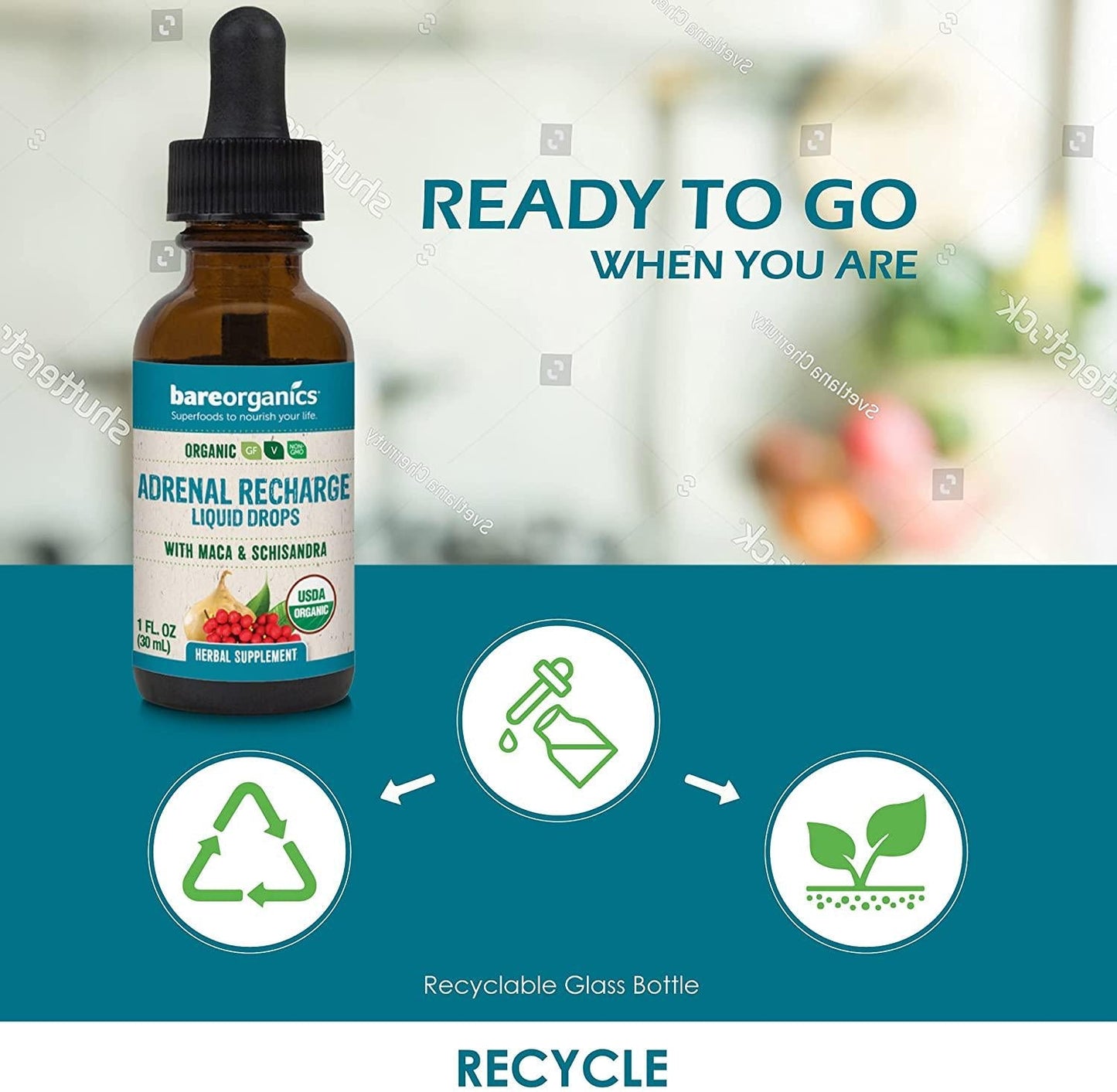 BareOrganics Adrenal Recharge Liquid Drops, 1 Ounce (Organic)