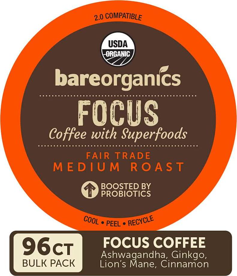 BareOrganics Focus Coffee Single Serve 96ct Bulk Pack (15951)