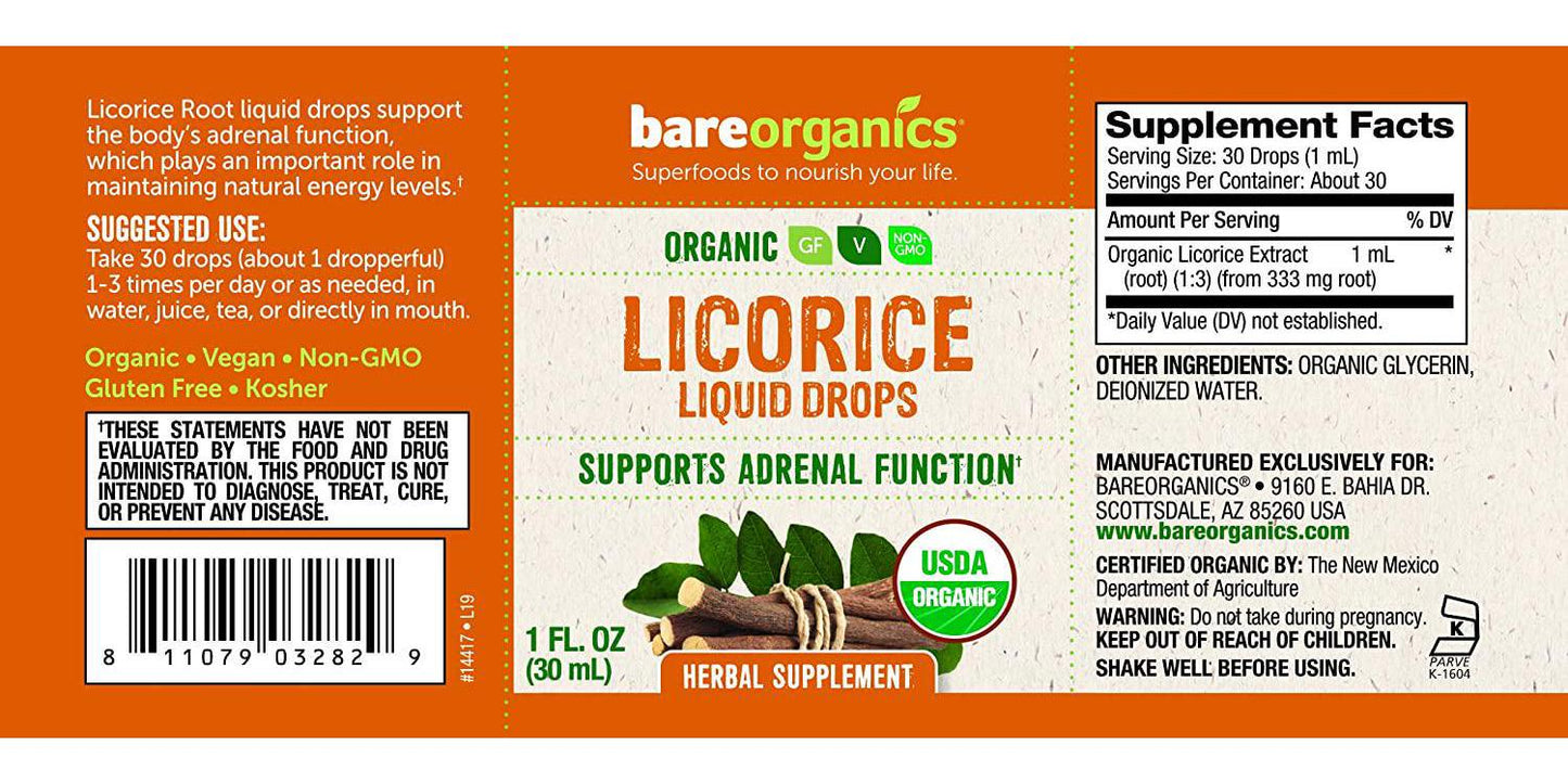 BareOrganics Licorice Root Liquid Drops, 1 Ounce (Organic)