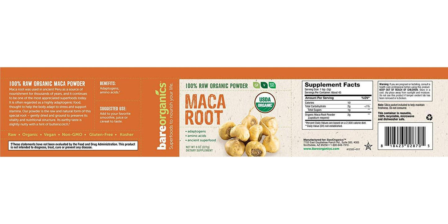 BareOrganics Maca Root Powder | Organic, Vegan, Non-GMO, Gluten-Free | Energy and Stamina Support, 8oz