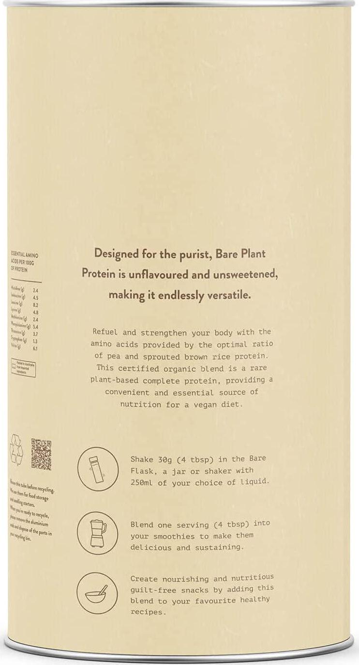 Bare Blends - Bare Plant Protein 1kg | Rice and Pea Vegan Protein Powder | Certified Organic | Unflavoured | Gluten Free
