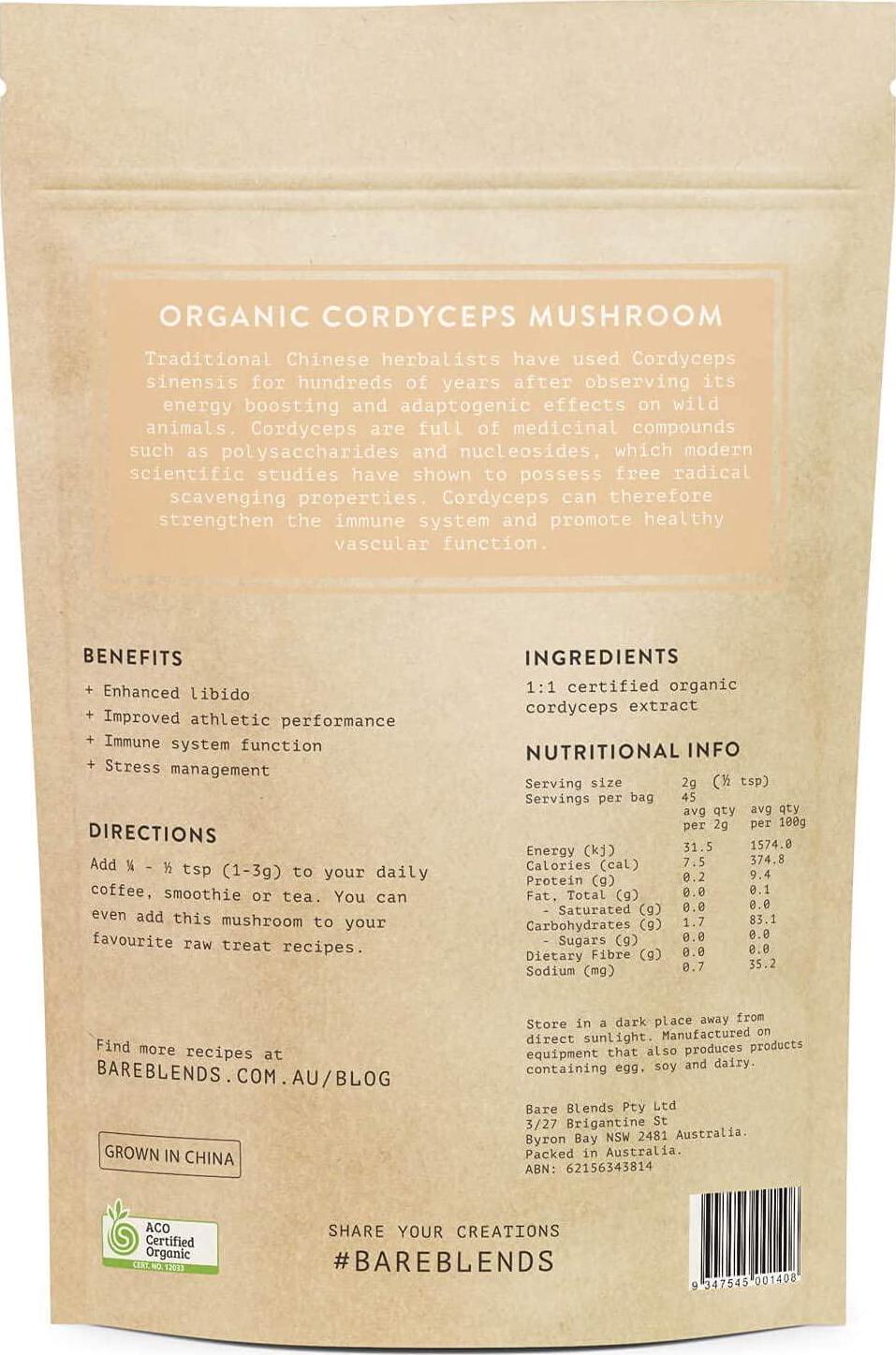 Bare Blends Cordyceps Mushroom - Australian Certified Organic (ACO) - Hormone Balance - 90g