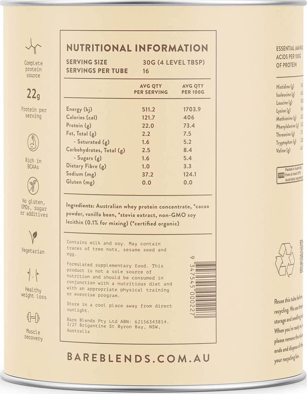 Bare Blends - Natural Whey Protein Concentrate Powder with Raw Cacao | Australian WPC | Chocolate Whey Protein Powder | Gluten Free | non-GMO | 500g