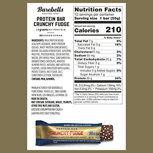 Barebells Protein Bars Crunchy Fudge - 12 Count, 1.9oz Bars - Protein Snacks with 20g of High Protein - Low Carb Protein Bar with No Added Sugar - Perfect on The Go Low Carb Snack and Breakfast Bars