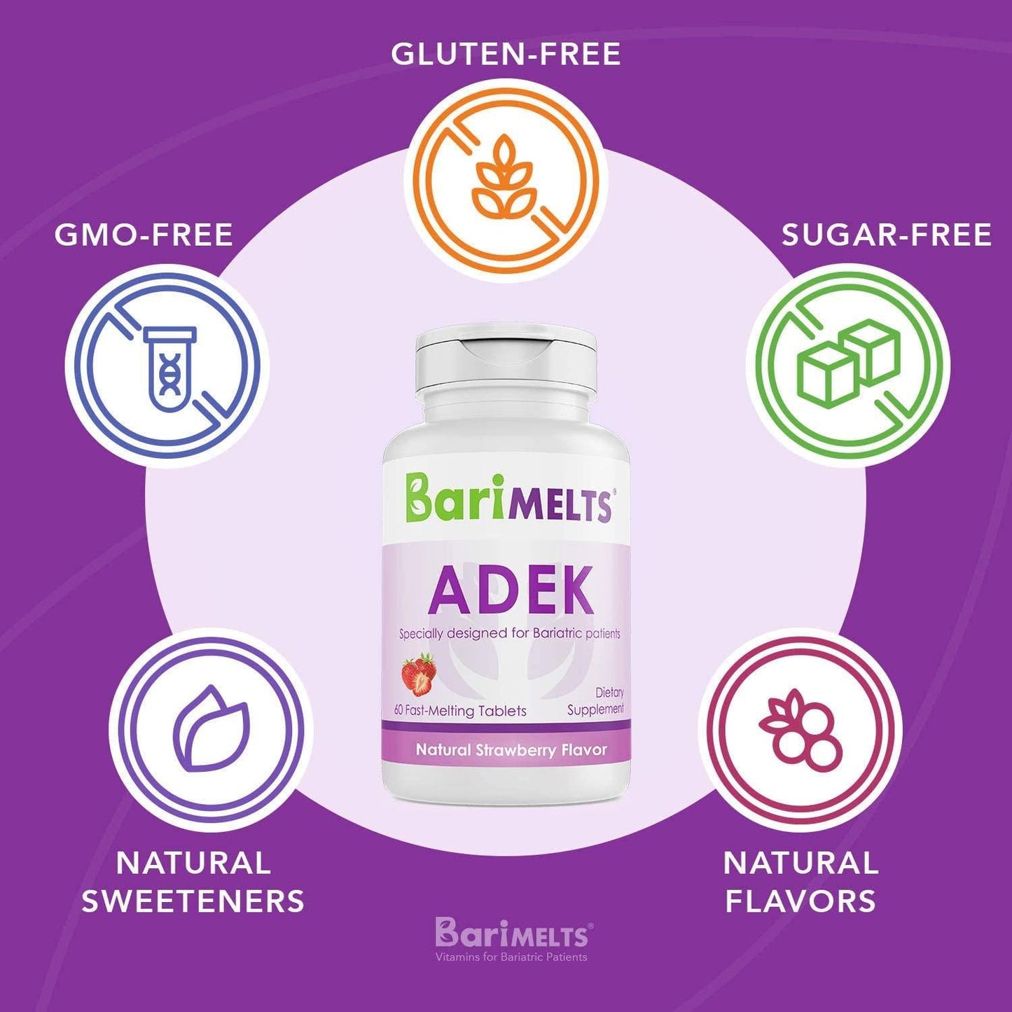 BariMelts ADEK, Dissolvable Bariatric Vitamins, Natural Strawberry Flavor, 60 Fast Melting Tablets