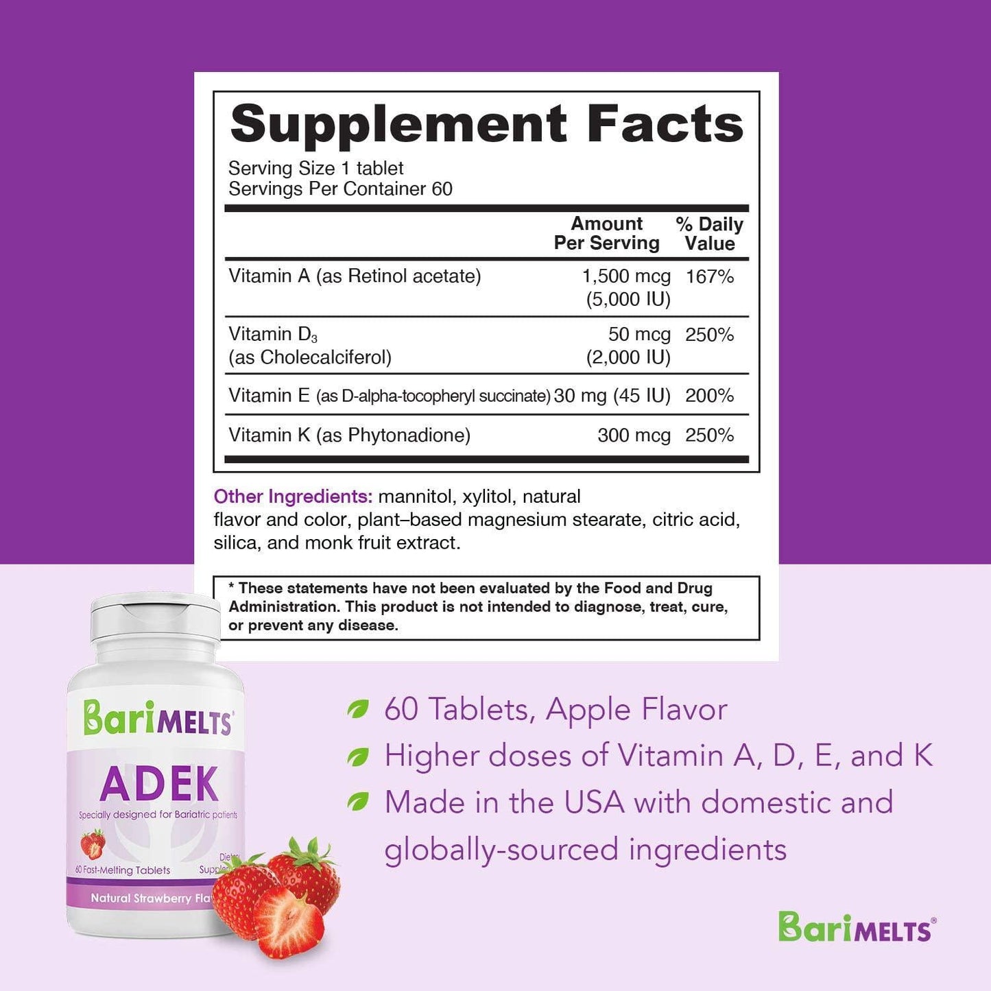 BariMelts ADEK, Dissolvable Bariatric Vitamins, Natural Strawberry Flavor, 60 Fast Melting Tablets