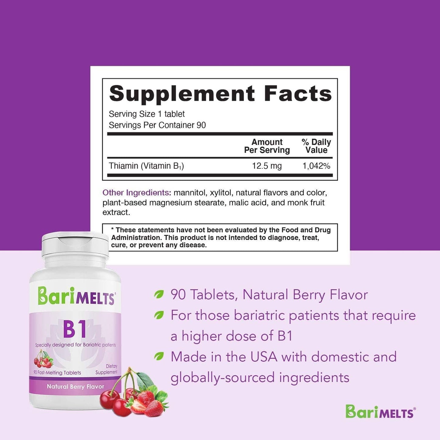 BariMelts B1, Dissolvable Bariatric Vitamins, Natural Berry Flavor, 90 Fast Melting Tablets