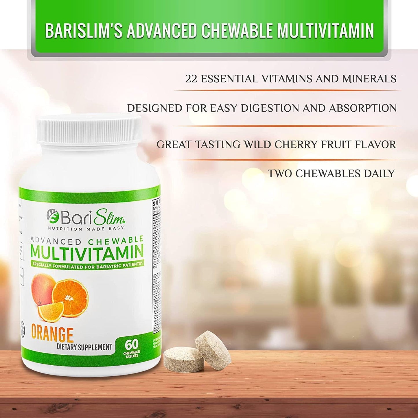 BariSlim Advanced Chewable Bariatric Multivitamin with Iron - Bariatric Vitamin and Supplement for Post Bariatric Surgery Including Gastric Bypass and Gastric Sleeve - Orange - 60 Count