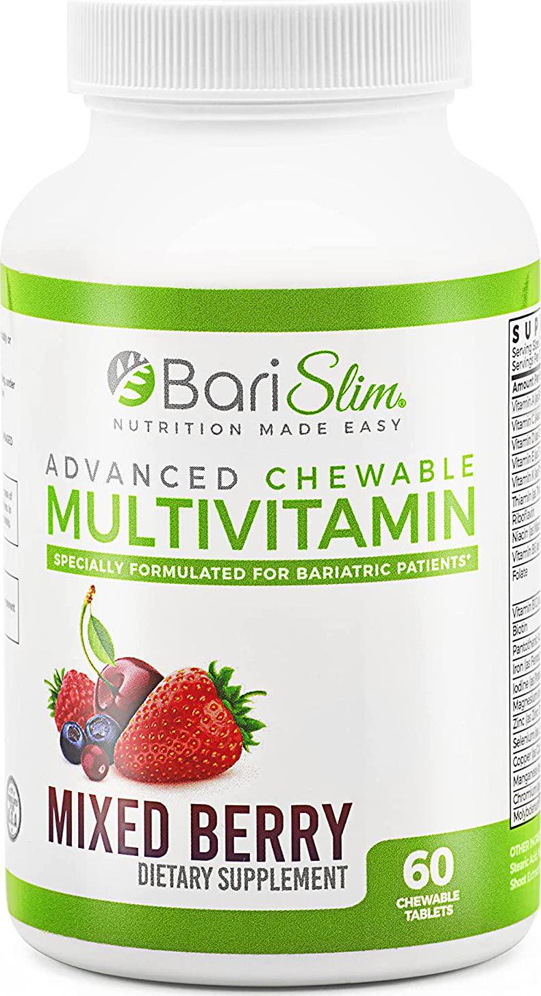 BariSlim Advanced Chewable Bariatric Multivitamin with Iron - Bariatric Vitamin and Supplement for Post Bariatric Surgery Including Gastric Bypass and Gastric Sleeve - Mixed Berry - 60 Count