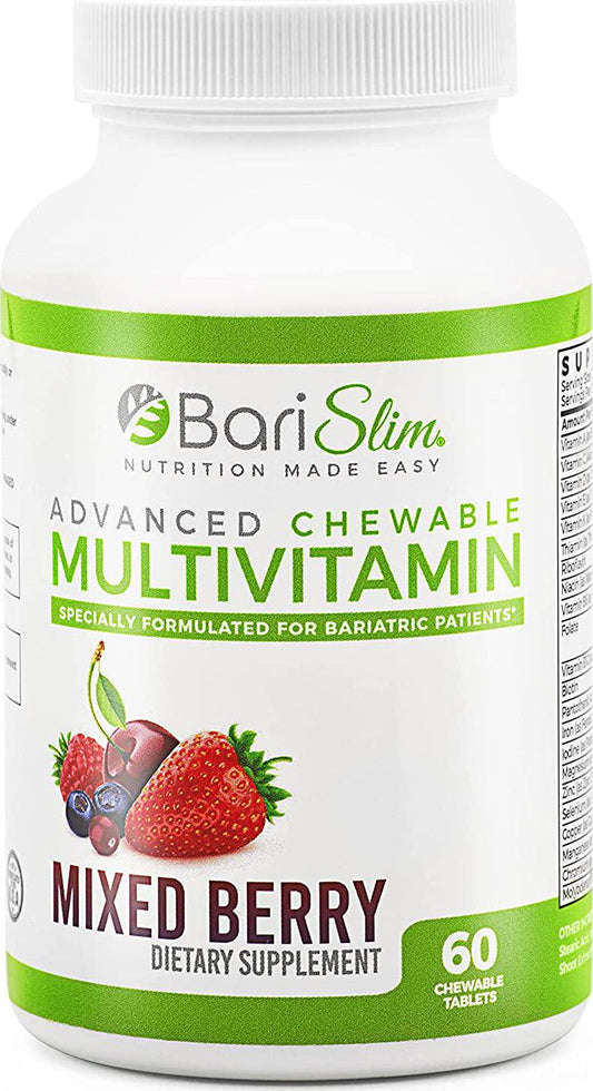 BariSlim Advanced Chewable Bariatric Multivitamin with Iron - Bariatric Vitamin and Supplement for Post Bariatric Surgery Including Gastric Bypass and Gastric Sleeve - Mixed Berry - 60 Count