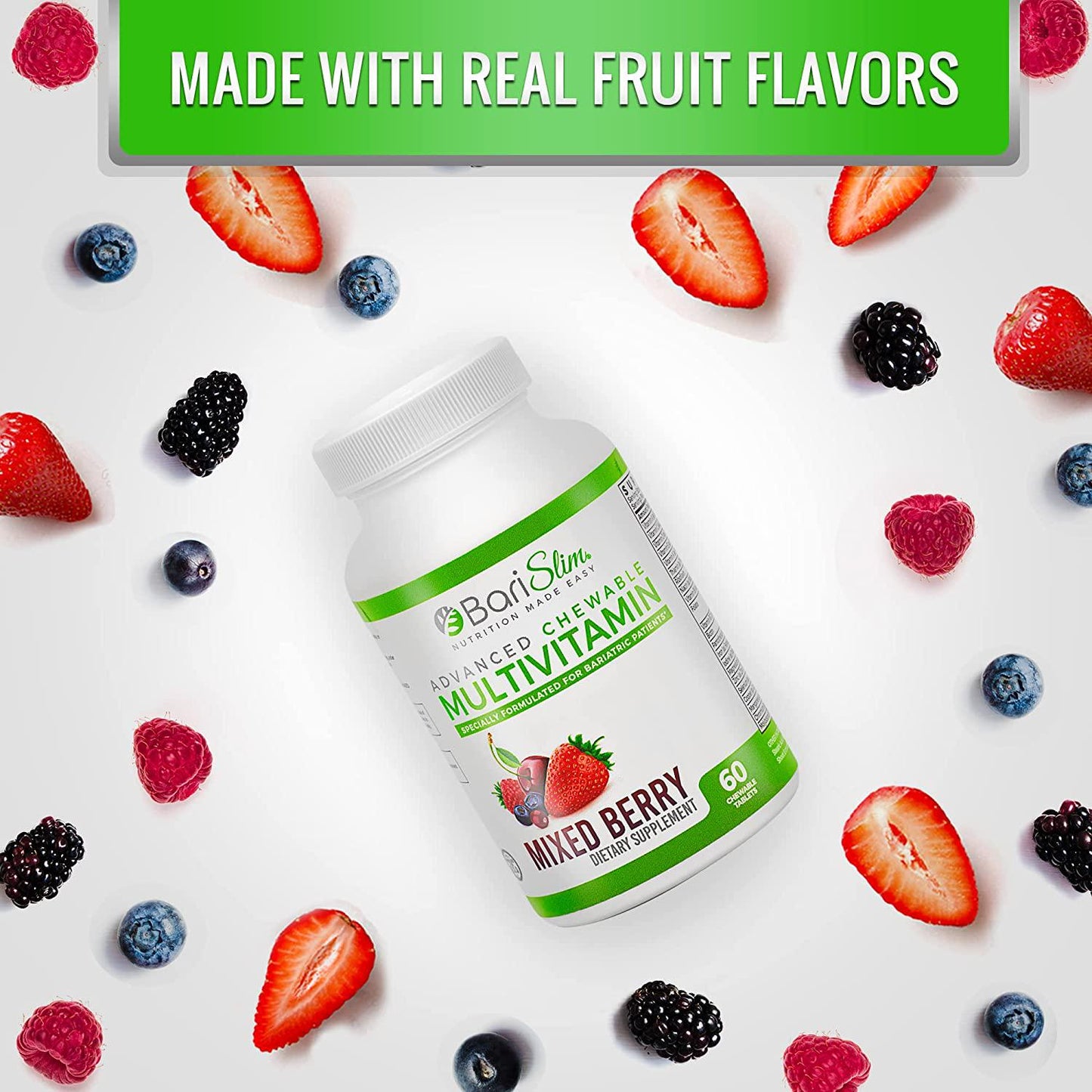 BariSlim Advanced Chewable Bariatric Multivitamin with Iron - Bariatric Vitamin and Supplement for Post Bariatric Surgery Including Gastric Bypass and Gastric Sleeve - Mixed Berry - 60 Count