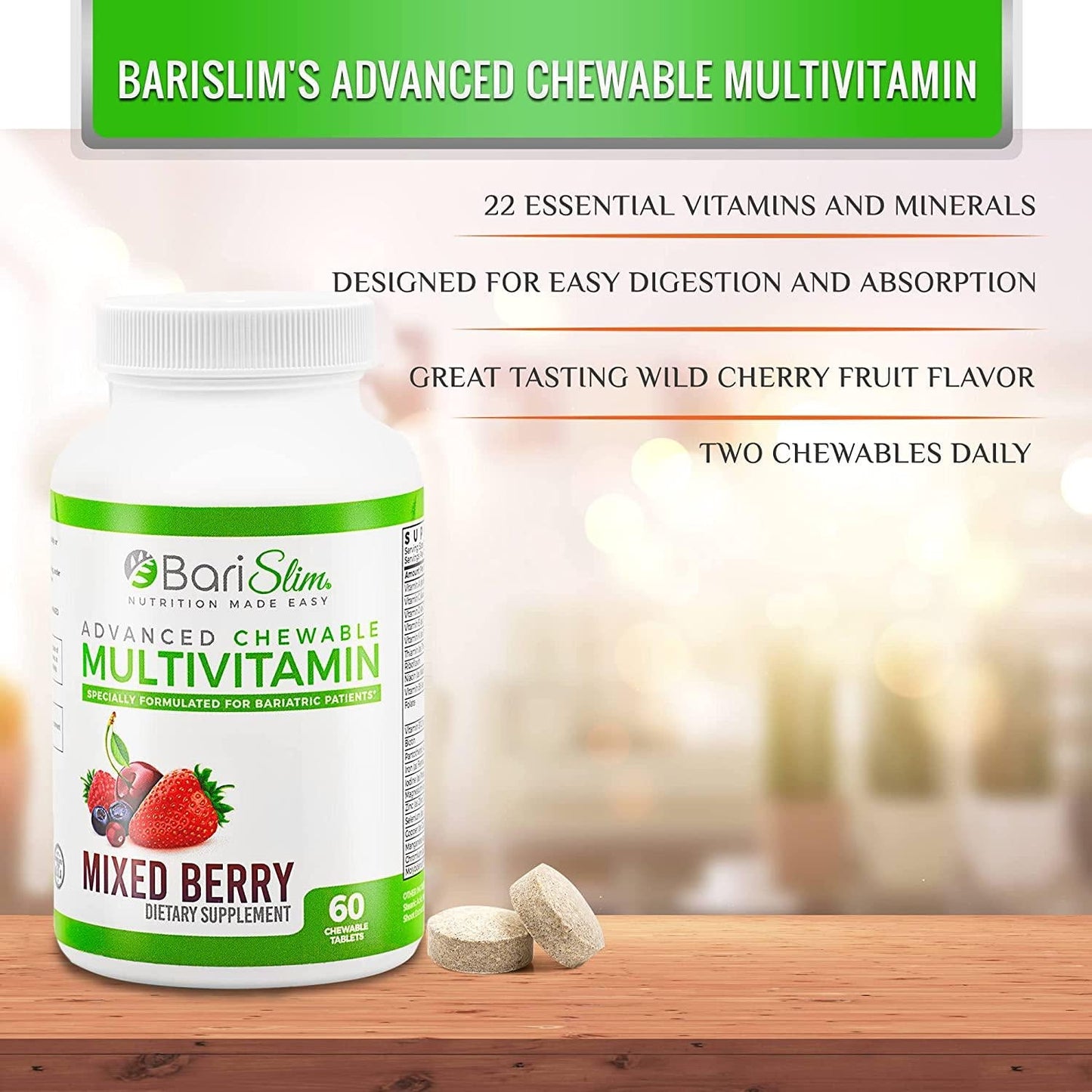 BariSlim Advanced Chewable Bariatric Multivitamin with Iron - Bariatric Vitamin and Supplement for Post Bariatric Surgery Including Gastric Bypass and Gastric Sleeve - Mixed Berry - 60 Count