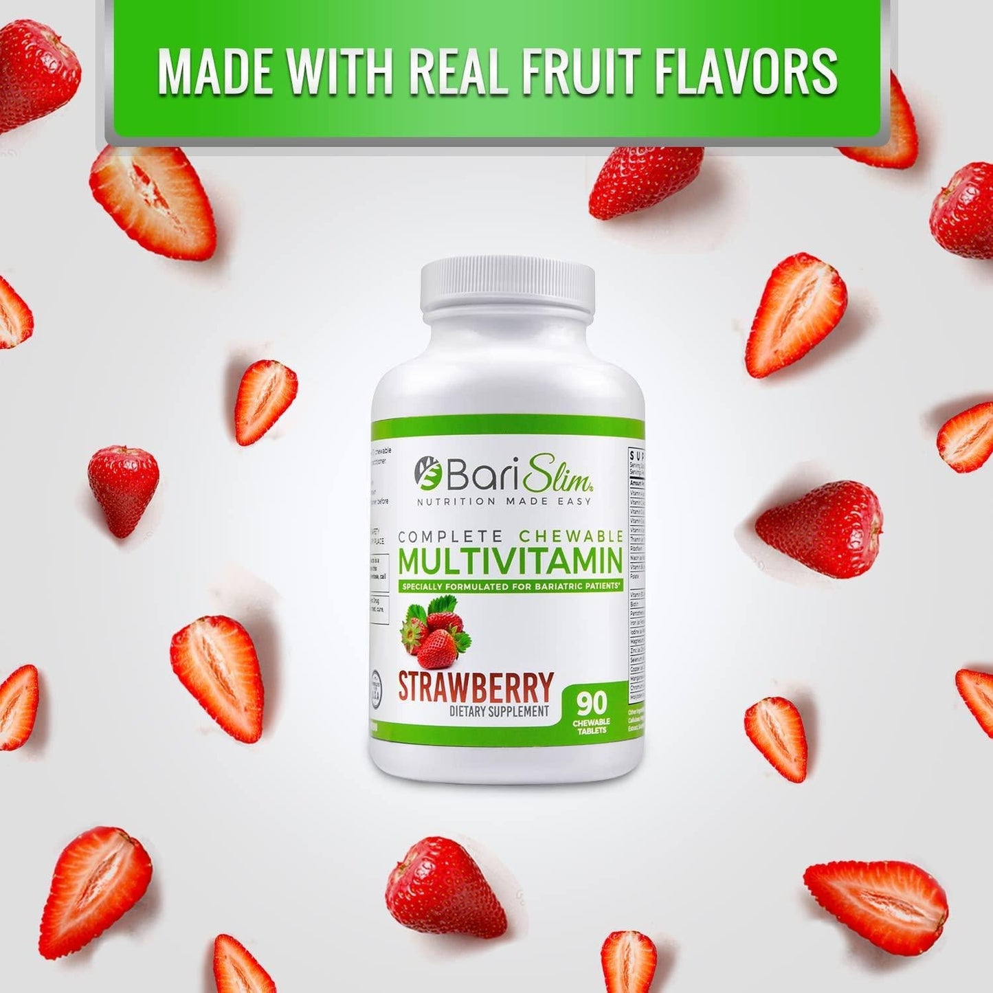 BariSlim Complete Chewable Bariatric Multivitamin - 45 mg of Iron - Chewable Bariatric Vitamin and Supplement for Post Bariatric Surgery Including Gastric Bypass and Gastric Sleeve - Strawberry