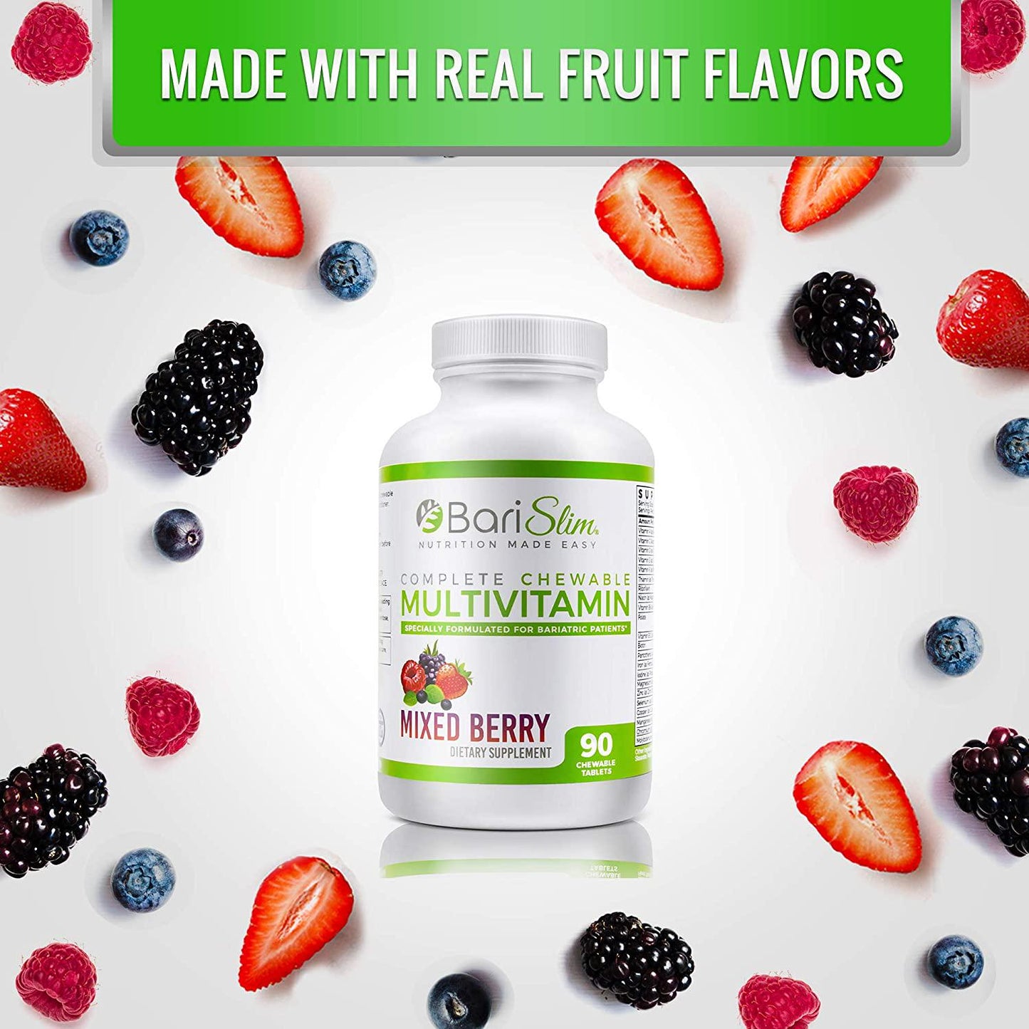 BariSlim Complete Chewable Bariatric Multivitamin - 45 mg of Iron - Chewable Bariatric Vitamin and Supplement for Post Bariatric Surgery Including Gastric Bypass and Gastric Sleeve - Mixed Berry