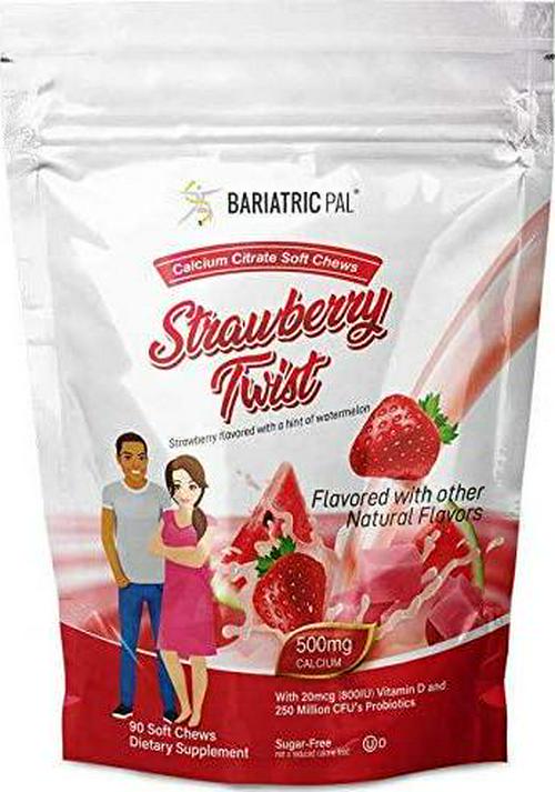BariatricPal Sugar-Free Calcium Citrate Soft Chews 500mg with Probiotics - Strawberry Twist (90 Count)