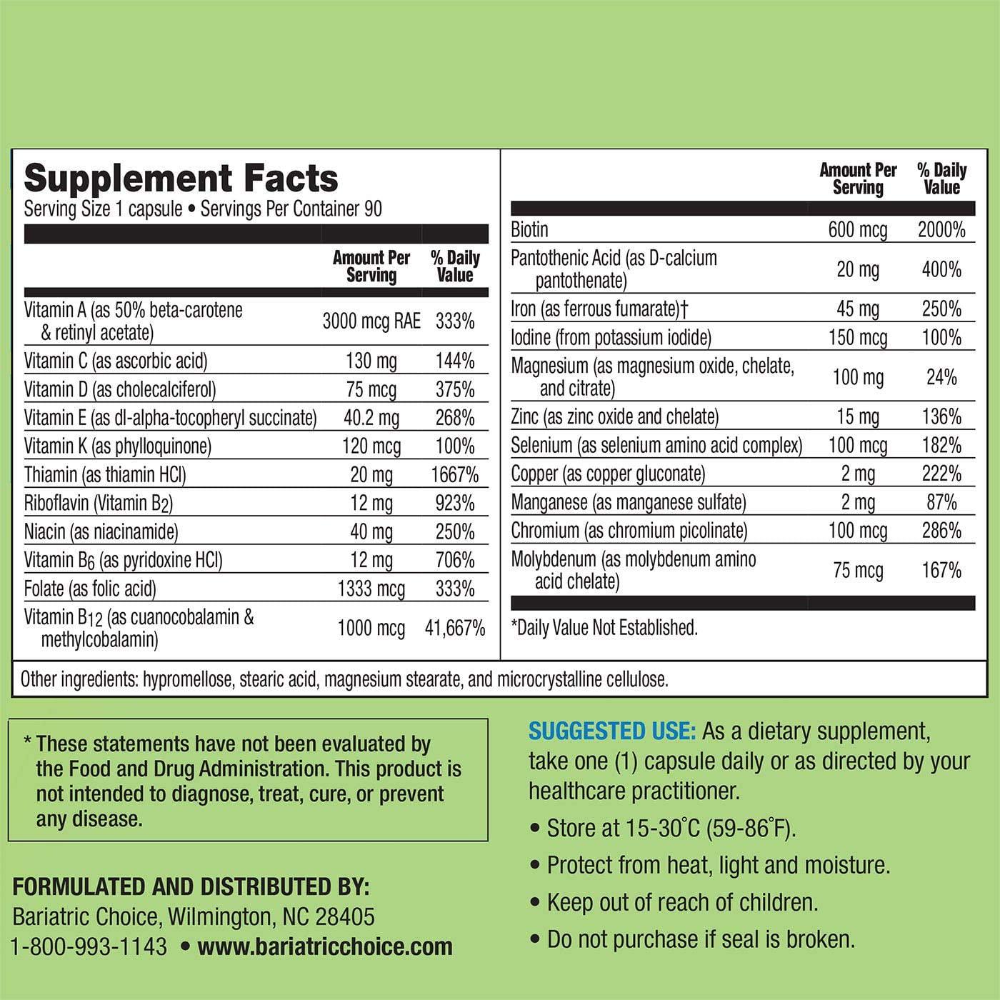 Bariatric Choice ONCE DAILY Bariatric Multivitamin Capsule with 45 mg of Iron (90 Count), Bariatric Vitamin Supplement for Post Bariatric Surgery Gastric Bypass Patients