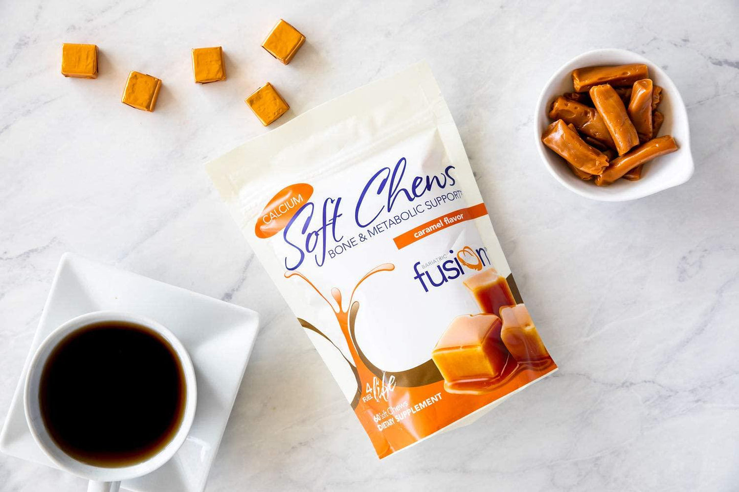 Bariatric Fusion 500mg Calcium Citrate and Energy Soft Chew Caramel Flavor for Bariatric Surgery Patients Including Gastric Bypass and Sleeve Gastrectomy, 60 Count, Sugar Free, Made in The USA