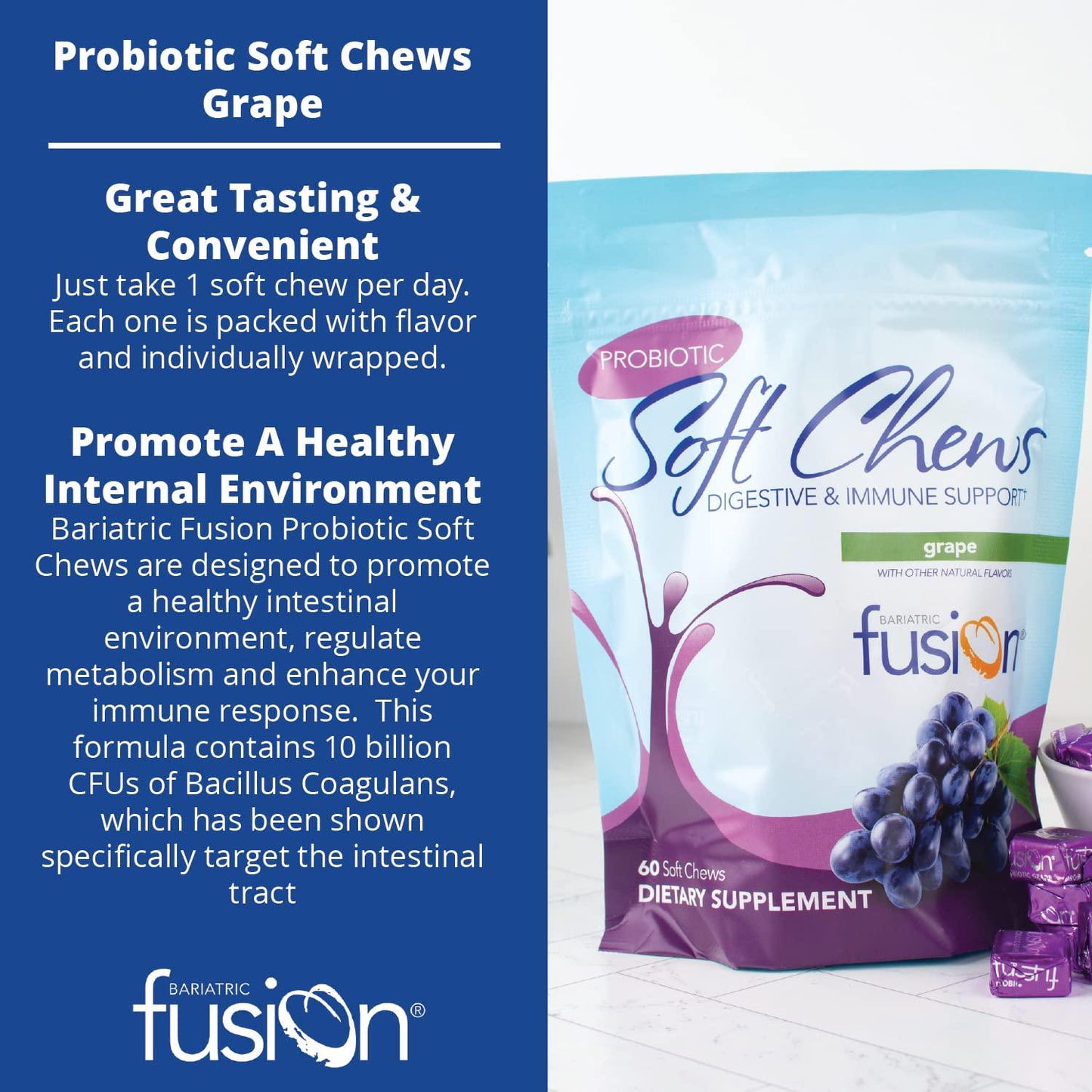 Bariatric Fusion Bariatric Probiotic Soft Chews with 10 Billion Live Organisms to Support Digestive and Immune Health, Grape Flavor, Chewy Bariatric Vitamin, 60 Count