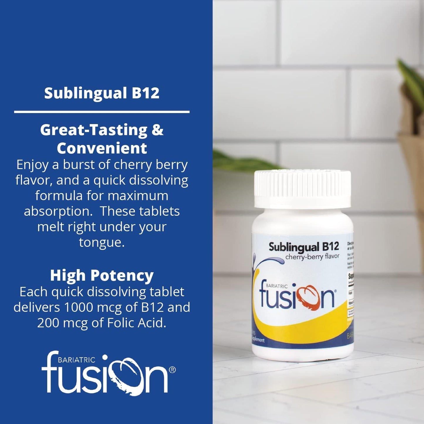 Bariatric Fusion Vitamin B12 Sublingual 1000mcg Tablets, for Bariatric Patients, Cherry Berry Flavored, Quick Dissolving and Melts On Your Tongue - 90 Count