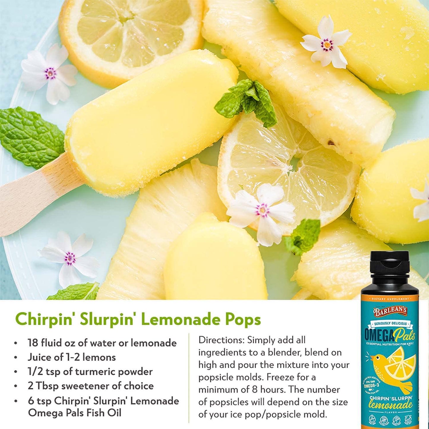 Barlean's Seriously Delicious Omega Pals Chirpin' Slirpin' Lemonade from Fish Oil with 540 mgs of EPA/DHA - All-Natural Fruit Flavor, Non-GMO, Gluten Free - 8-Ounce